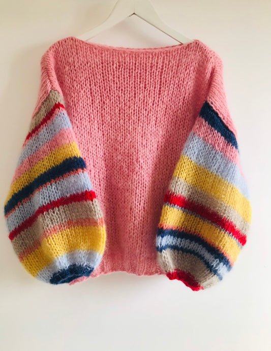 ROSE Mohair Silk Sweater, Oversized Mohair Pullover, Chunky Sweater, Pink Sweater with Striped Balloon Sleeves, Knit Multicolor Pullover