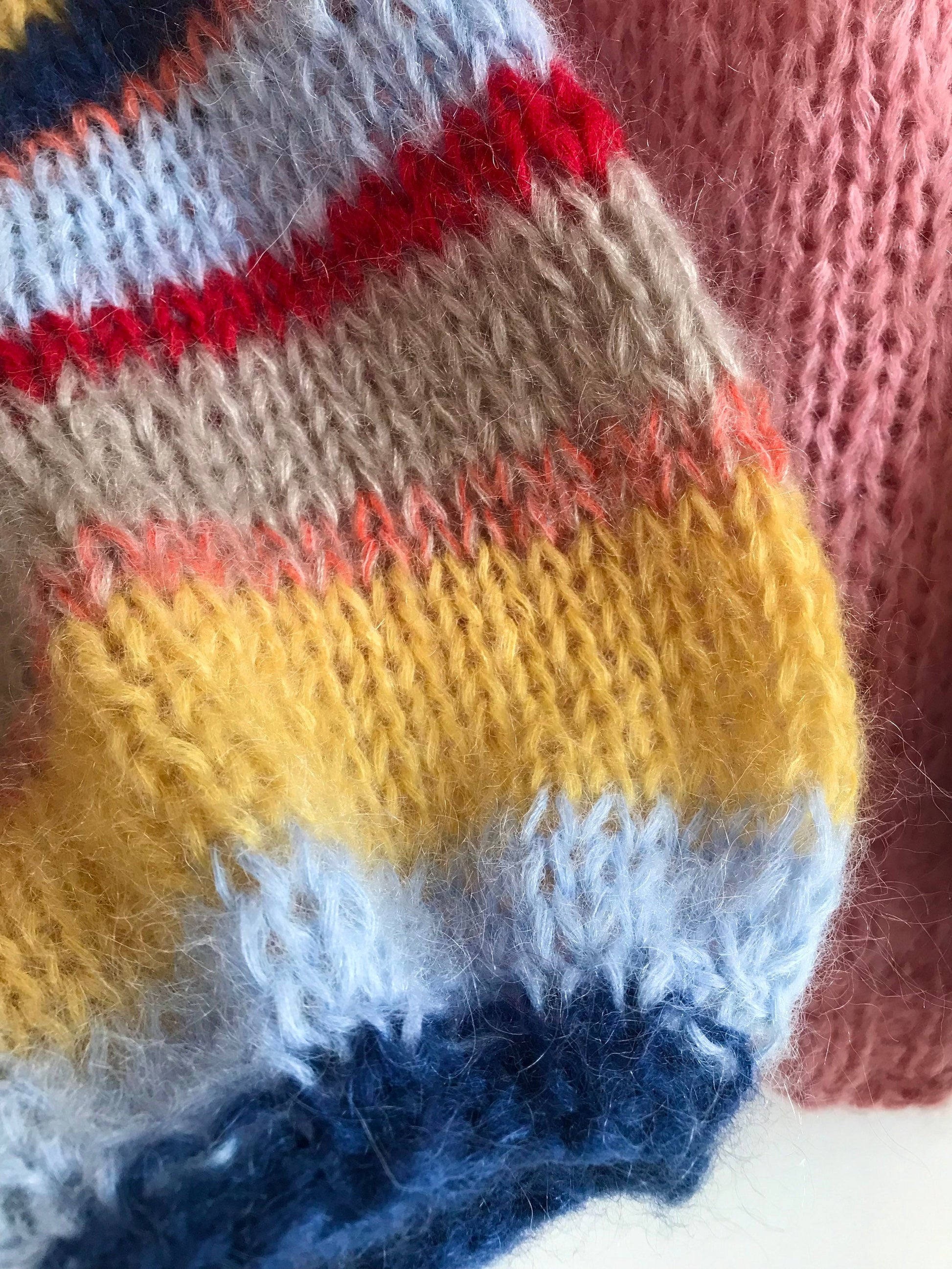 ROSE Mohair Silk Sweater, Oversized Mohair Pullover, Chunky Sweater, Pink Sweater with Striped Balloon Sleeves, Knit Multicolor Pullover