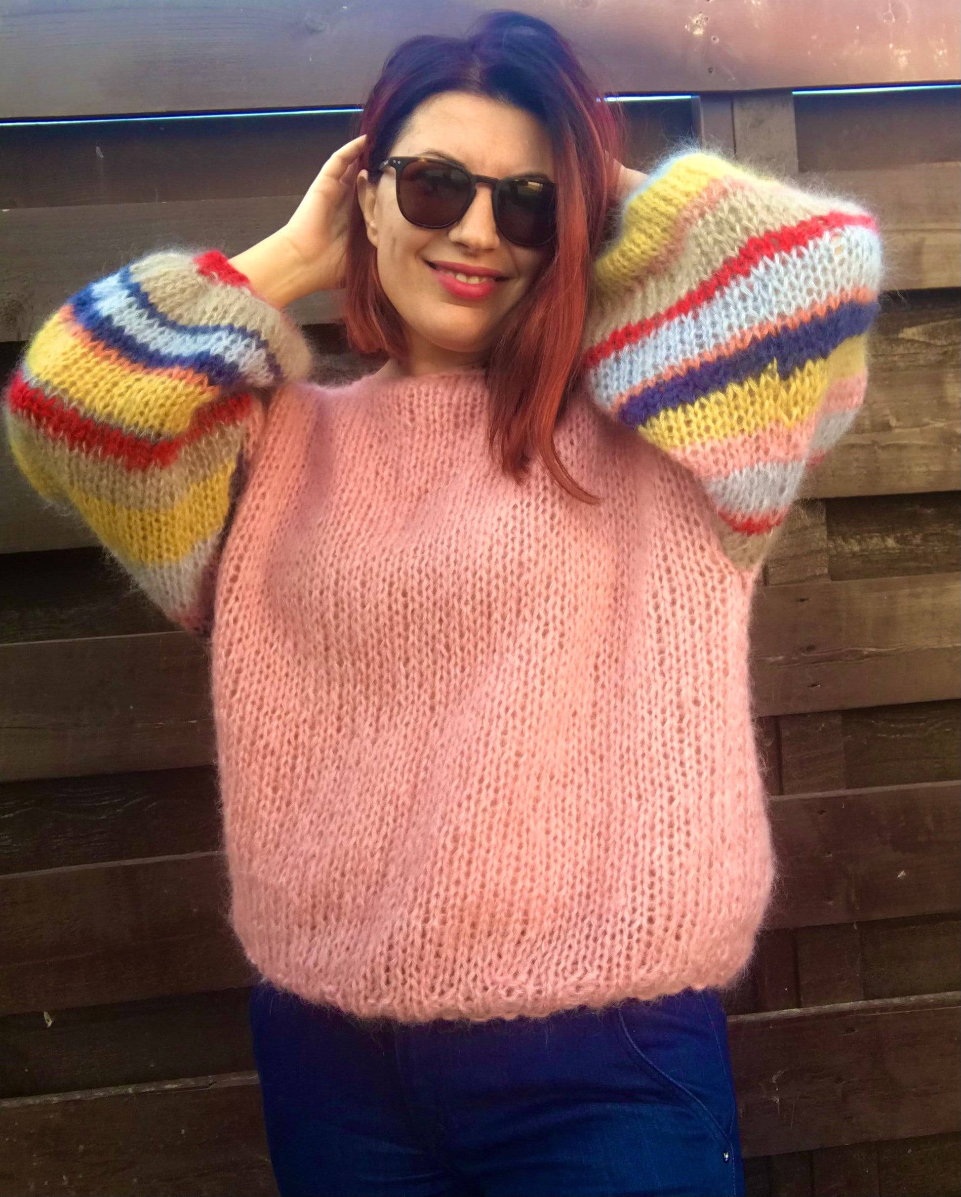 ROSE Mohair Silk Sweater, Oversized Mohair Pullover, Chunky Sweater, Pink Sweater with Striped Balloon Sleeves, Knit Multicolor Pullover