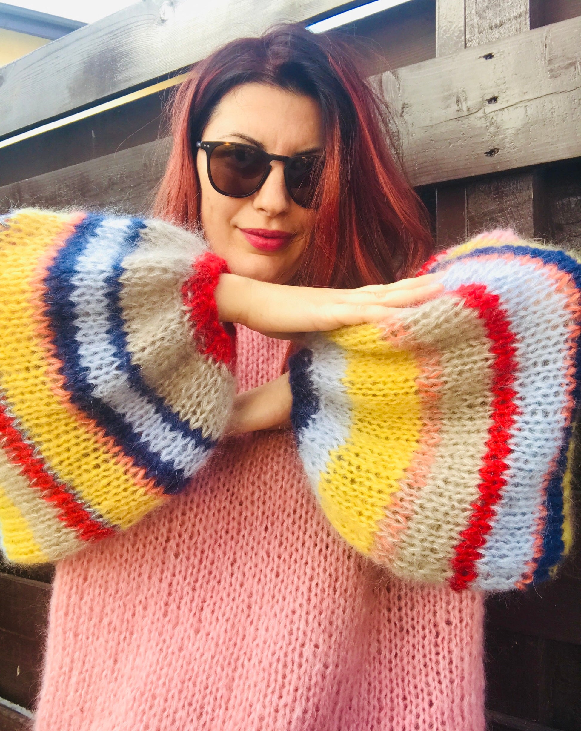 ROSE Mohair Silk Sweater, Oversized Mohair Pullover, Chunky Sweater, Pink Sweater with Striped Balloon Sleeves, Knit Multicolor Pullover