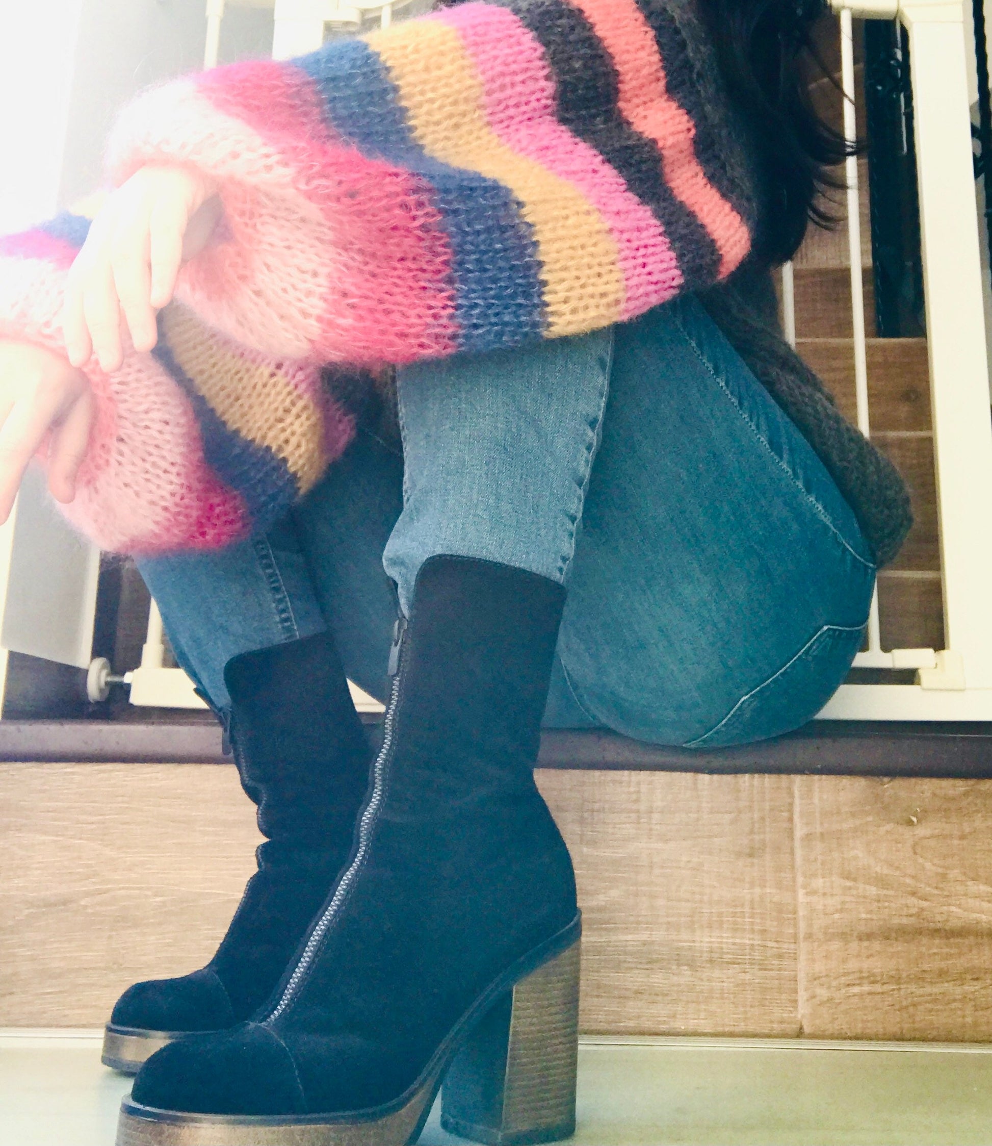MUSE Dark Grey Mohair with Colored Striped Balloon Sleeves, Oversized Jumper, Multicolor Sweater,  Loose Sweater, Mohair and Silk Sweater
