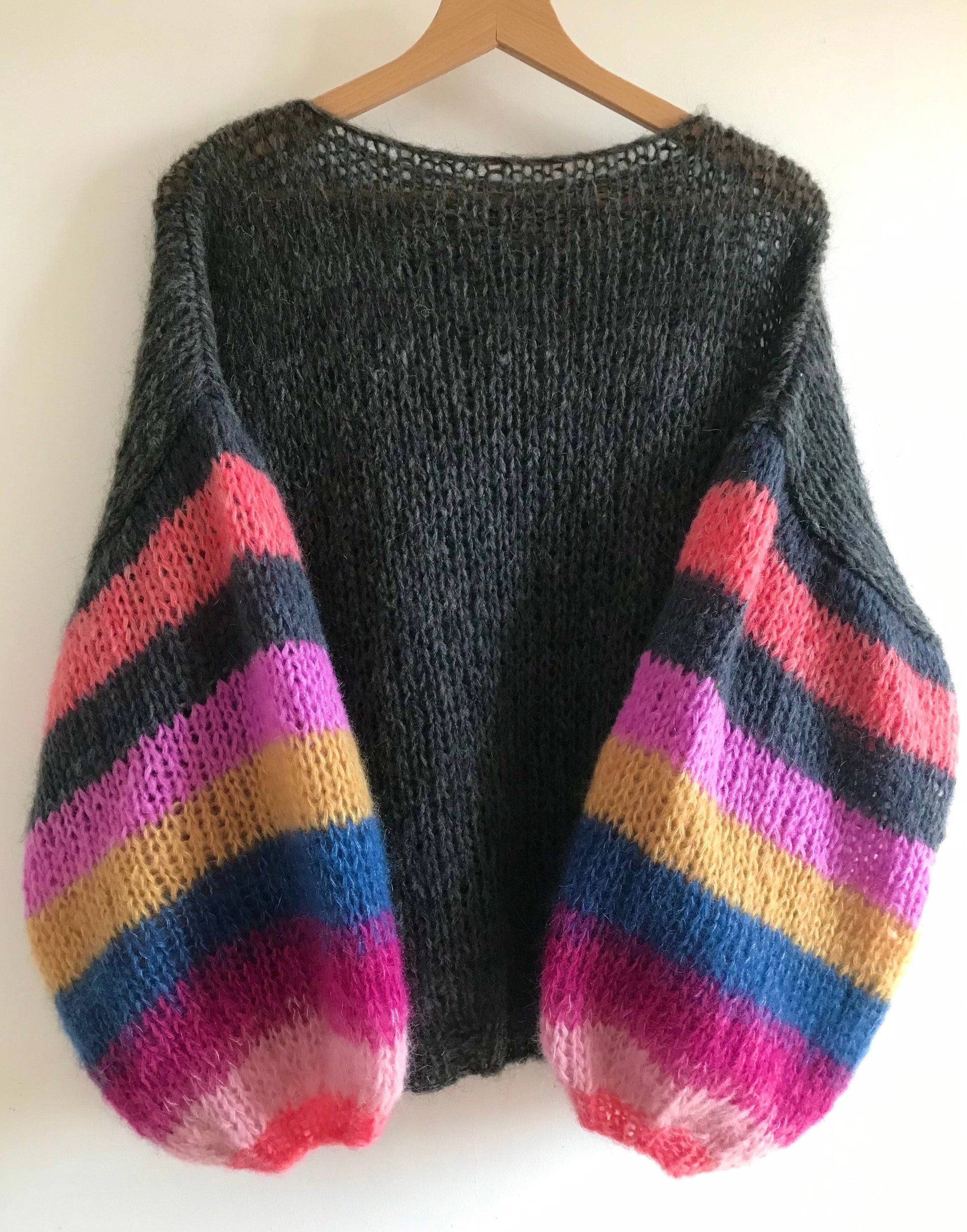 MUSE Dark Grey Mohair with Colored Striped Balloon Sleeves, Oversized Jumper, Multicolor Sweater,  Loose Sweater, Mohair and Silk Sweater