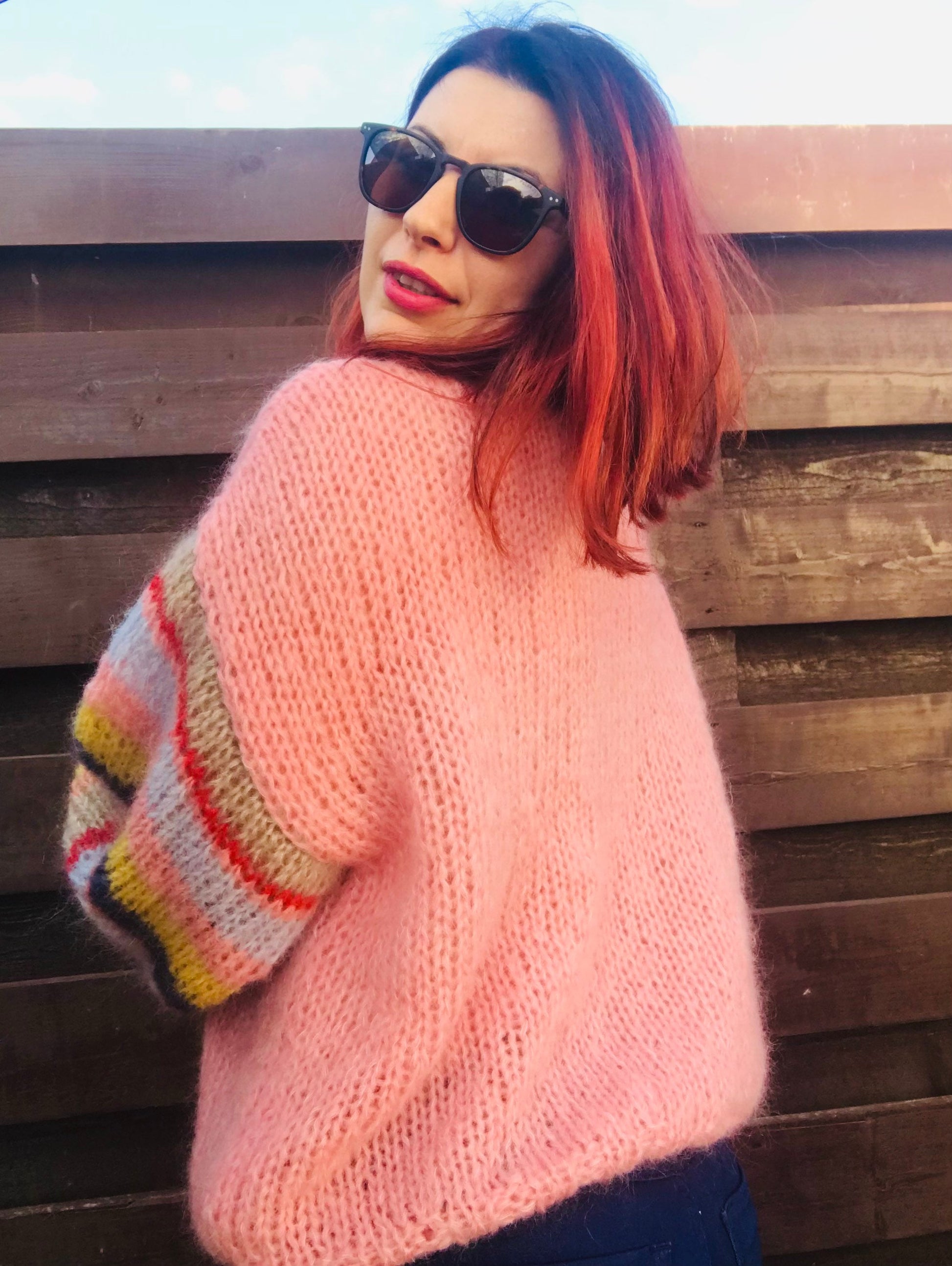 ROSE Mohair Silk Sweater, Oversized Mohair Pullover, Chunky Sweater, Pink Sweater with Striped Balloon Sleeves, Knit Multicolor Pullover