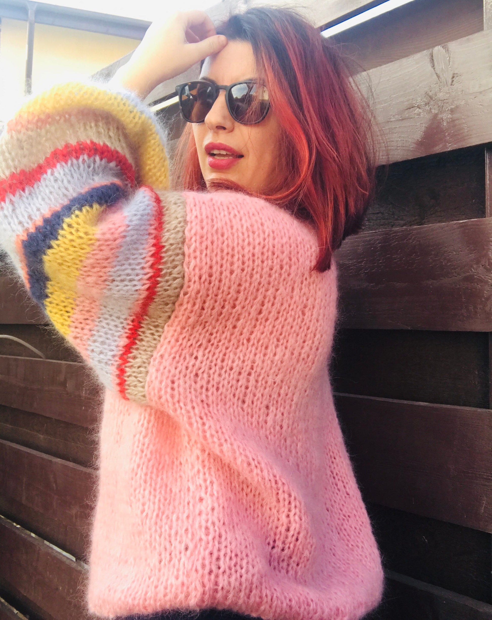 ROSE Mohair Silk Sweater, Oversized Mohair Pullover, Chunky Sweater, Pink Sweater with Striped Balloon Sleeves, Knit Multicolor Pullover