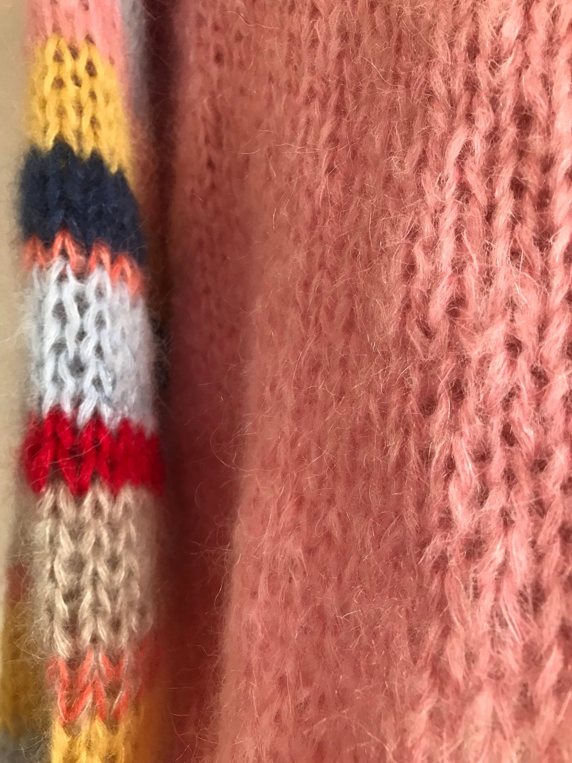 ROSE Mohair Silk Sweater, Oversized Mohair Pullover, Chunky Sweater, Pink Sweater with Striped Balloon Sleeves, Knit Multicolor Pullover