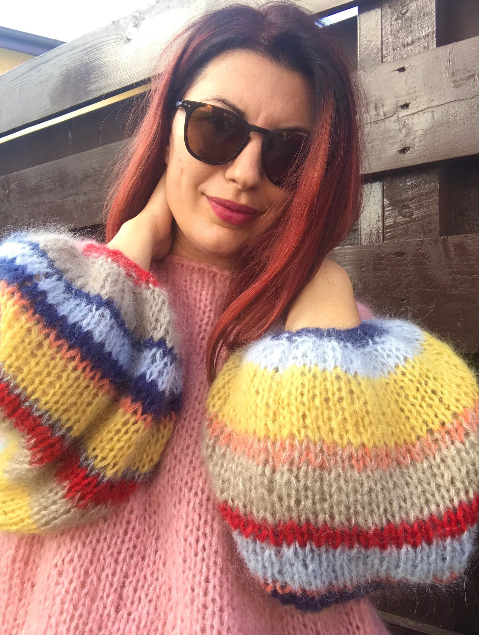 ROSE Mohair Silk Sweater, Oversized Mohair Pullover, Chunky Sweater, Pink Sweater with Striped Balloon Sleeves, Knit Multicolor Pullover