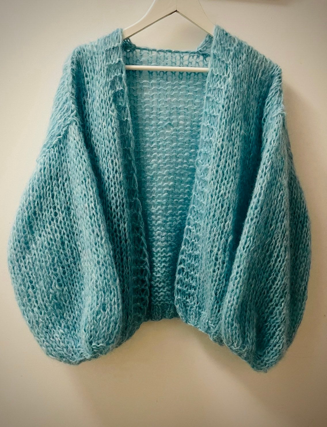 SARDINIA Alpaca Mohair Cardigan, Turquoise Mohair Bomber, Chunky Knit,Blue Loose Cardigan with Balloon Sleeves, Airy Cardigan, Light Sweater