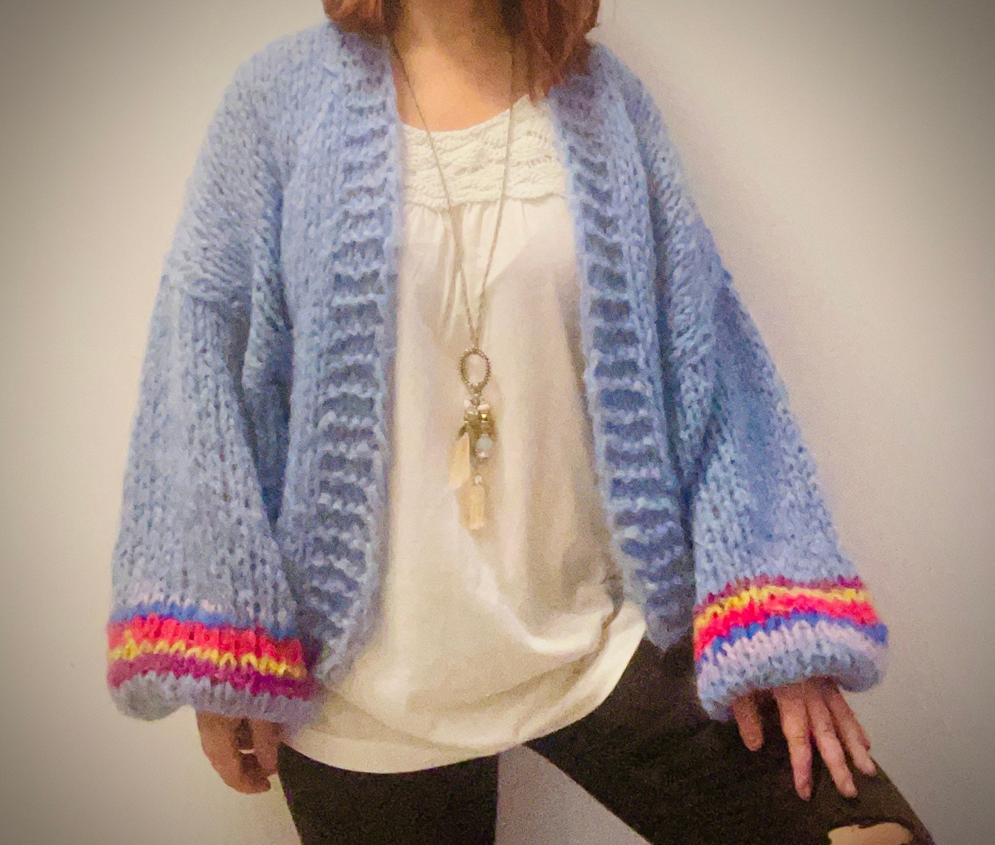 SICILIA Sky Blue Mohair Cardigan with Balloon Sleeves, Chunky Knit Sweater, Bleu Cardigan, Mohair Knit Cardigan, Soft Chunky Sweater