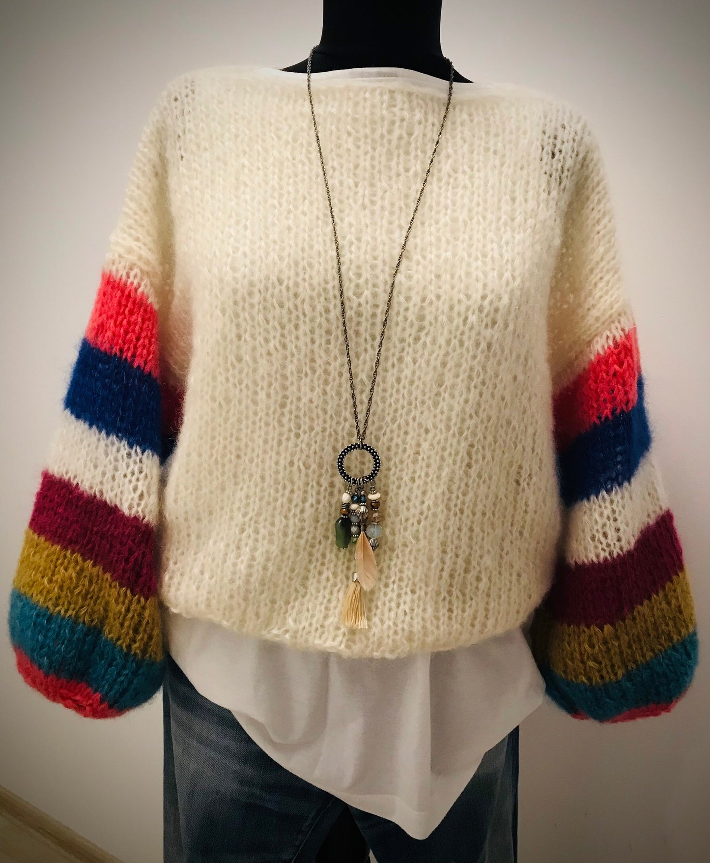 ELIN IN PARIS Pullover, Mohair Silk Sweater, Off White Jumper with Striped Sleeves, Oversized Mohair Sweater, Balloon Sleeves, Multicolor