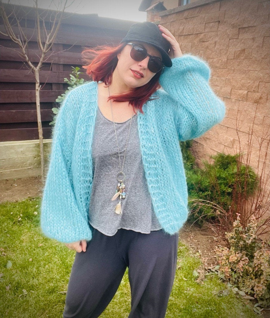 SARDINIA Alpaca Mohair Cardigan, Turquoise Mohair Bomber, Chunky Knit,Blue Loose Cardigan with Balloon Sleeves, Airy Cardigan, Light Sweater