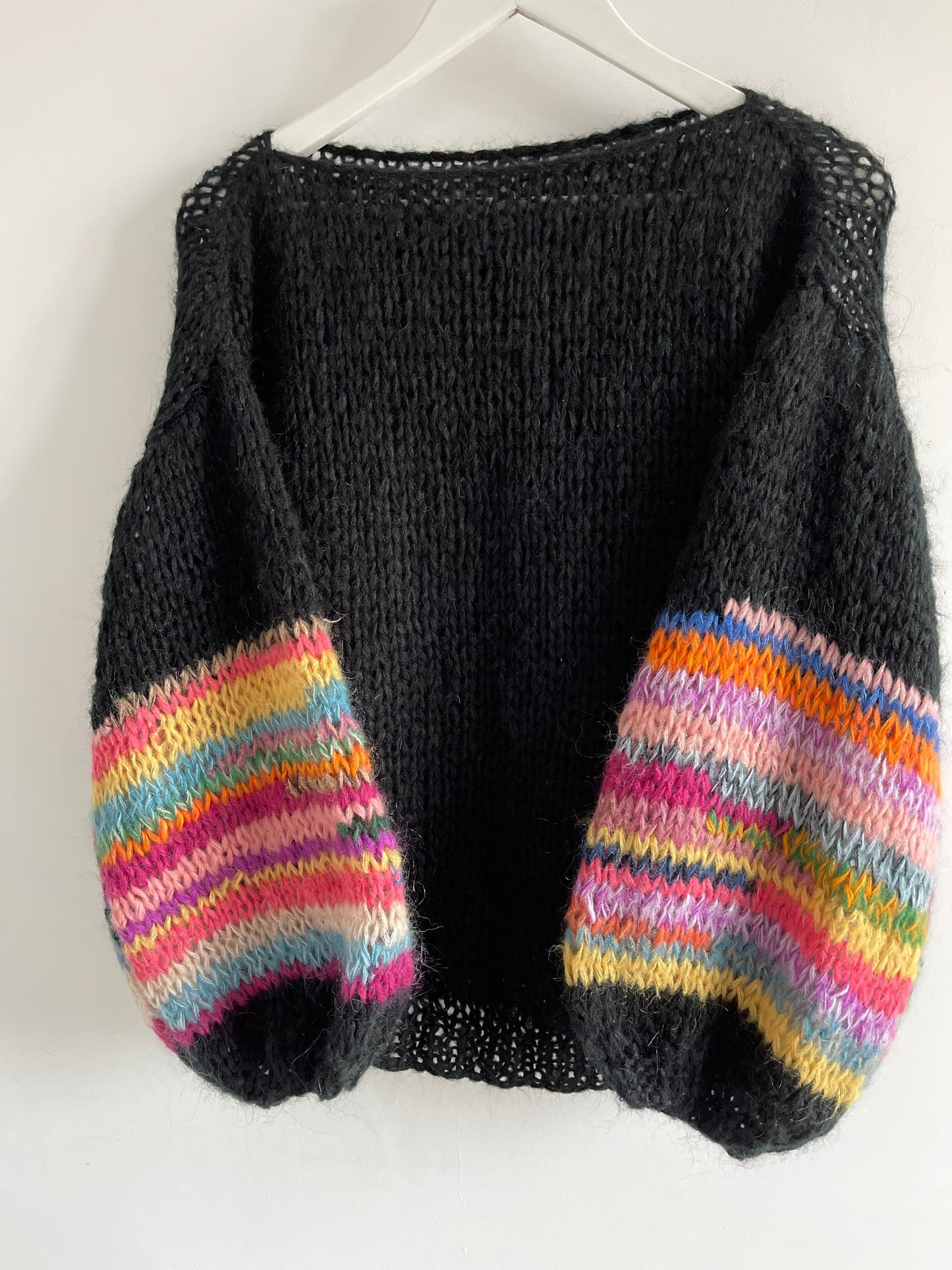 ALHAMBRA Black Cashmere Mohair Pullover with Colourful Balloon Sleeves, Multicolor Jumper, Mohair Knit Sweater, Rainbow Sleeves, Soft Mohair