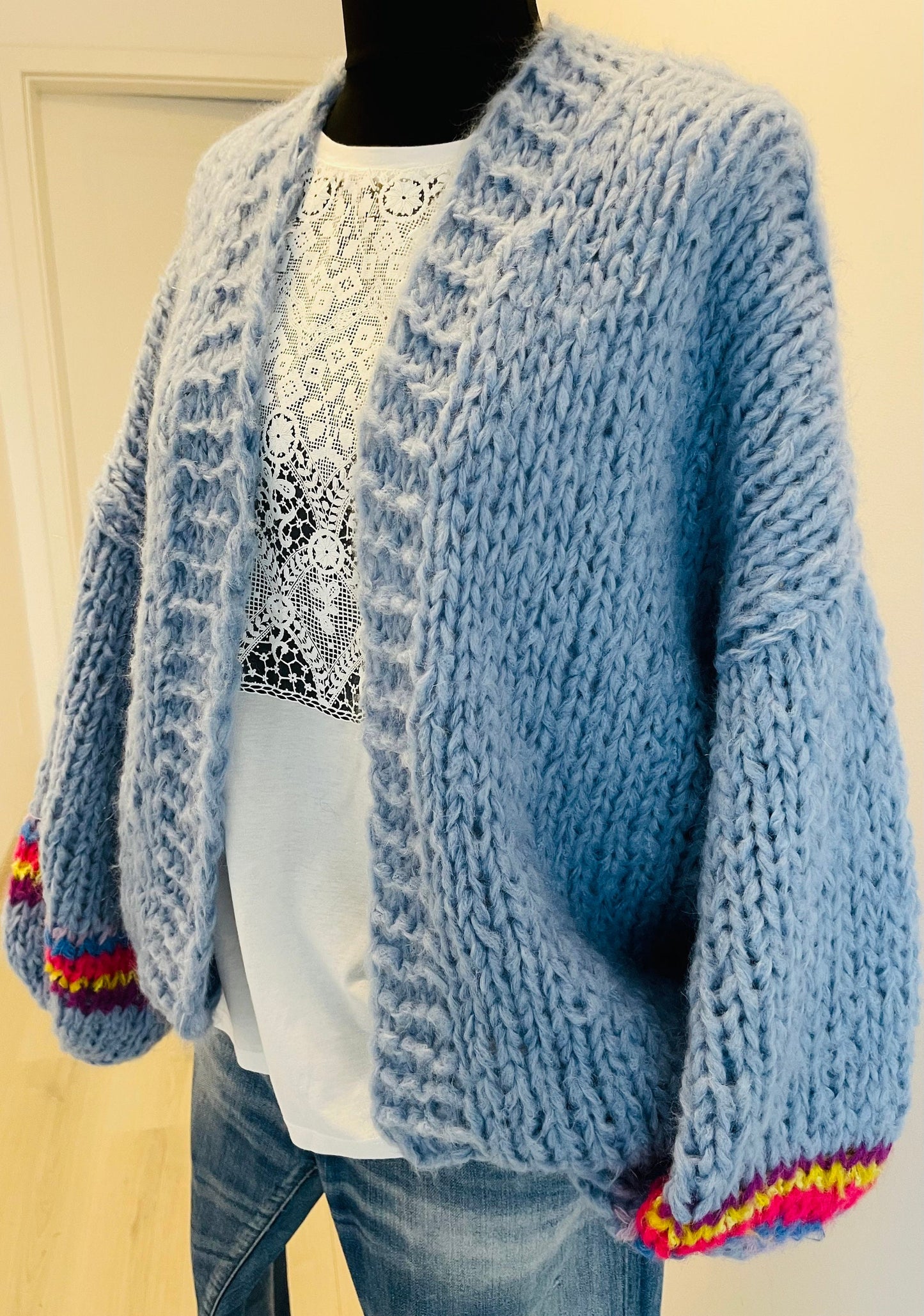 SICILIA Sky Blue Mohair Cardigan with Balloon Sleeves, Chunky Knit Sweater, Bleu Cardigan, Mohair Knit Cardigan, Soft Chunky Sweater