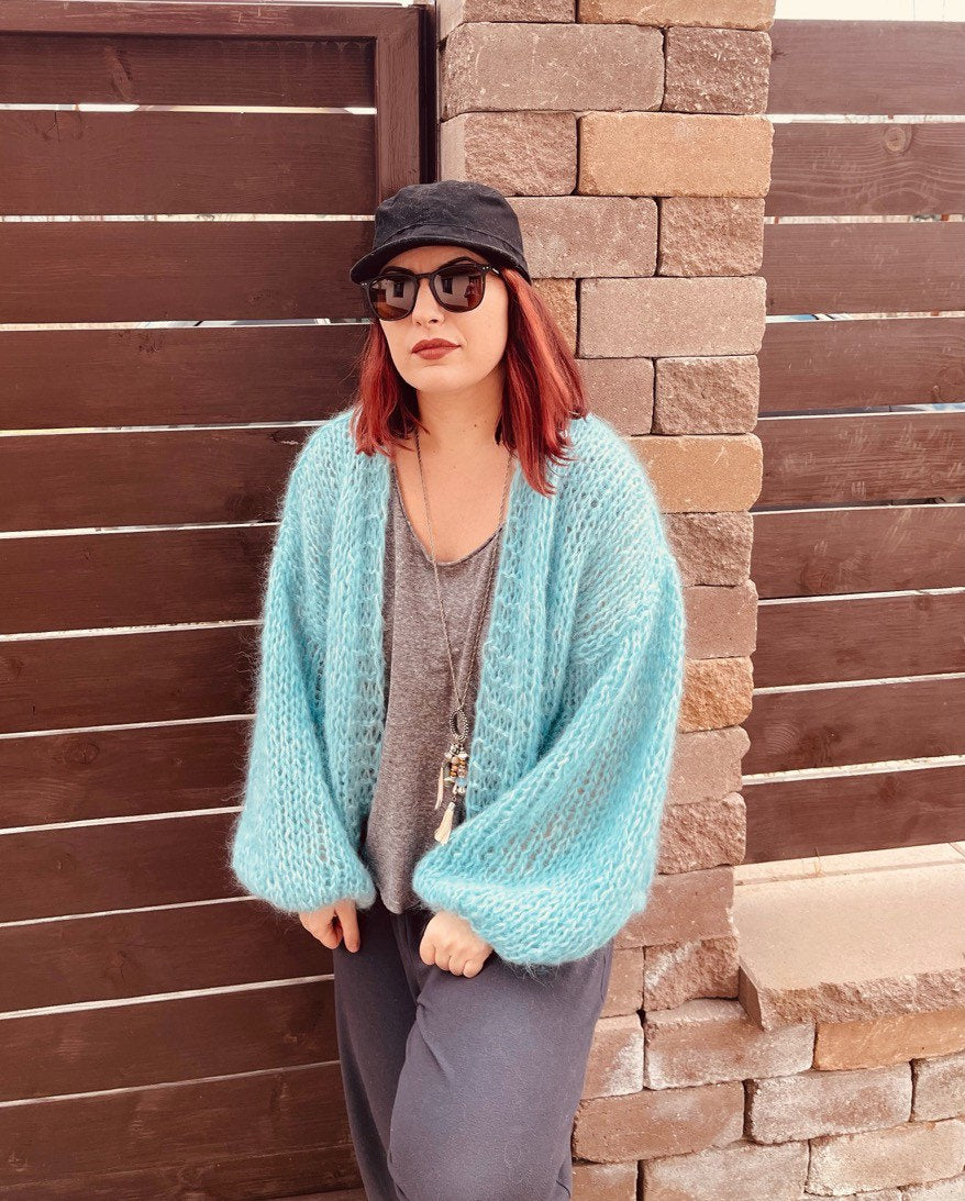 SARDINIA Alpaca Mohair Cardigan, Turquoise Mohair Bomber, Chunky Knit,Blue Loose Cardigan with Balloon Sleeves, Airy Cardigan, Light Sweater