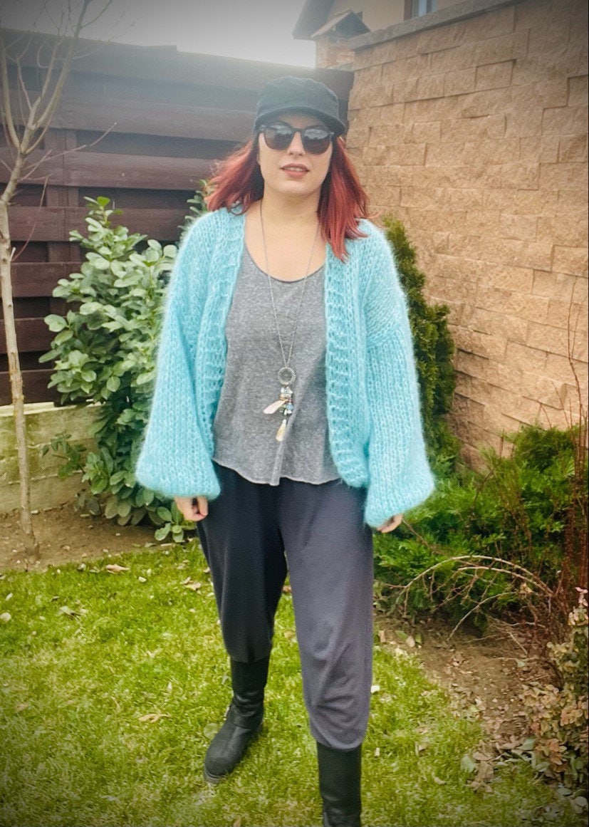 SARDINIA Alpaca Mohair Cardigan, Turquoise Mohair Bomber, Chunky Knit,Blue Loose Cardigan with Balloon Sleeves, Airy Cardigan, Light Sweater