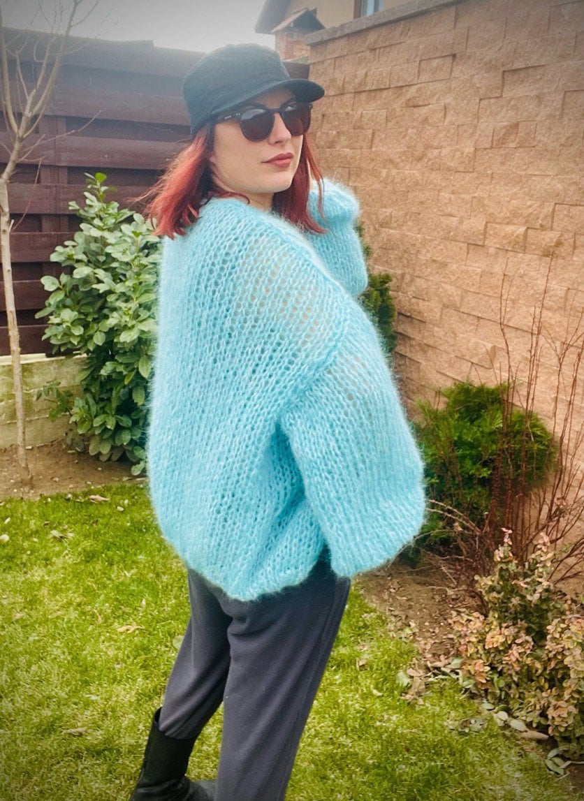 SARDINIA Alpaca Mohair Cardigan, Turquoise Mohair Bomber, Chunky Knit,Blue Loose Cardigan with Balloon Sleeves, Airy Cardigan, Light Sweater