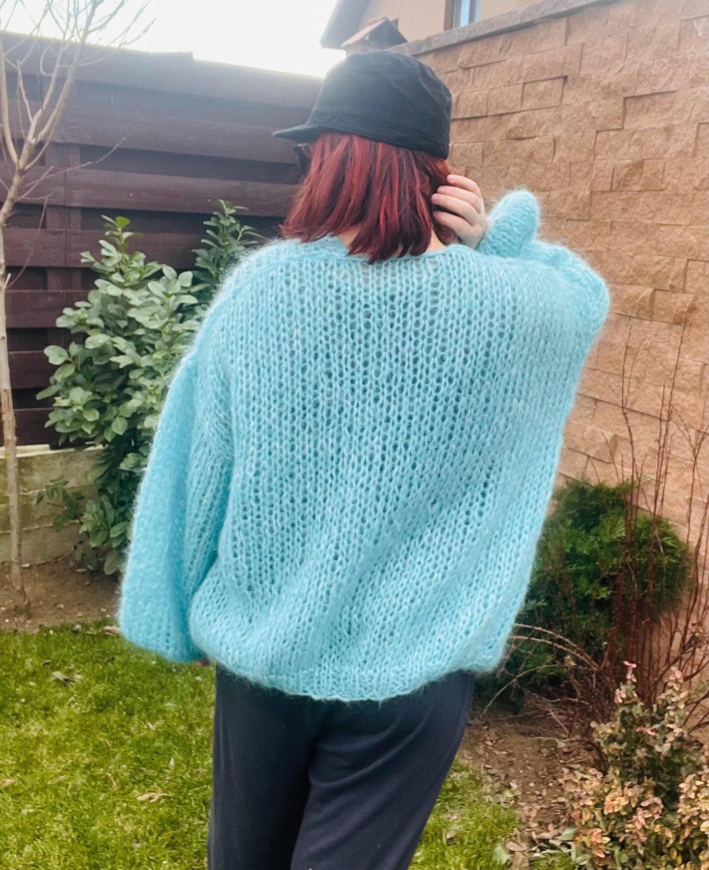 SARDINIA Alpaca Mohair Cardigan, Turquoise Mohair Bomber, Chunky Knit,Blue Loose Cardigan with Balloon Sleeves, Airy Cardigan, Light Sweater