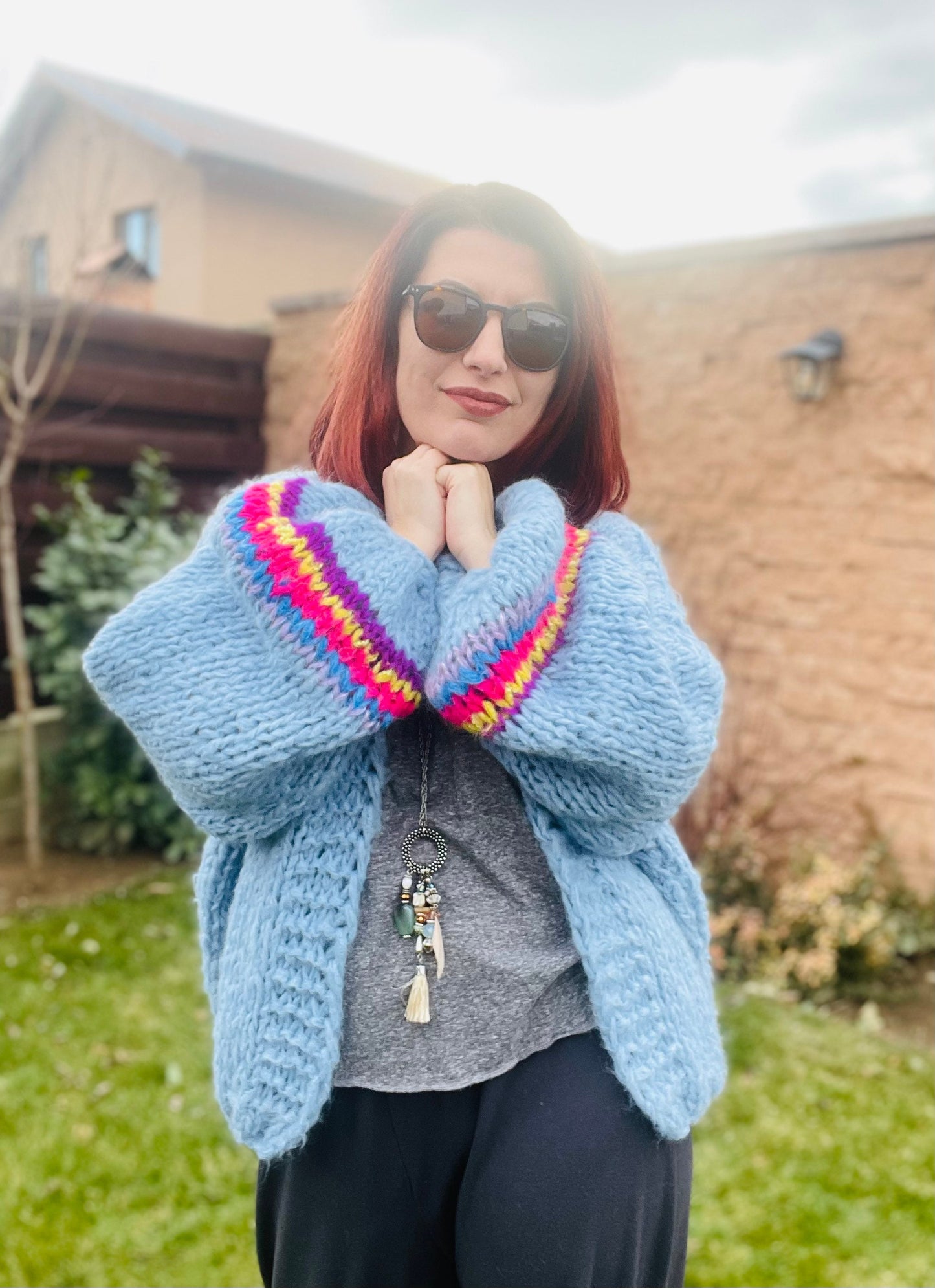 SICILIA Sky Blue Mohair Cardigan with Balloon Sleeves, Chunky Knit Sweater, Bleu Cardigan, Mohair Knit Cardigan, Soft Chunky Sweater