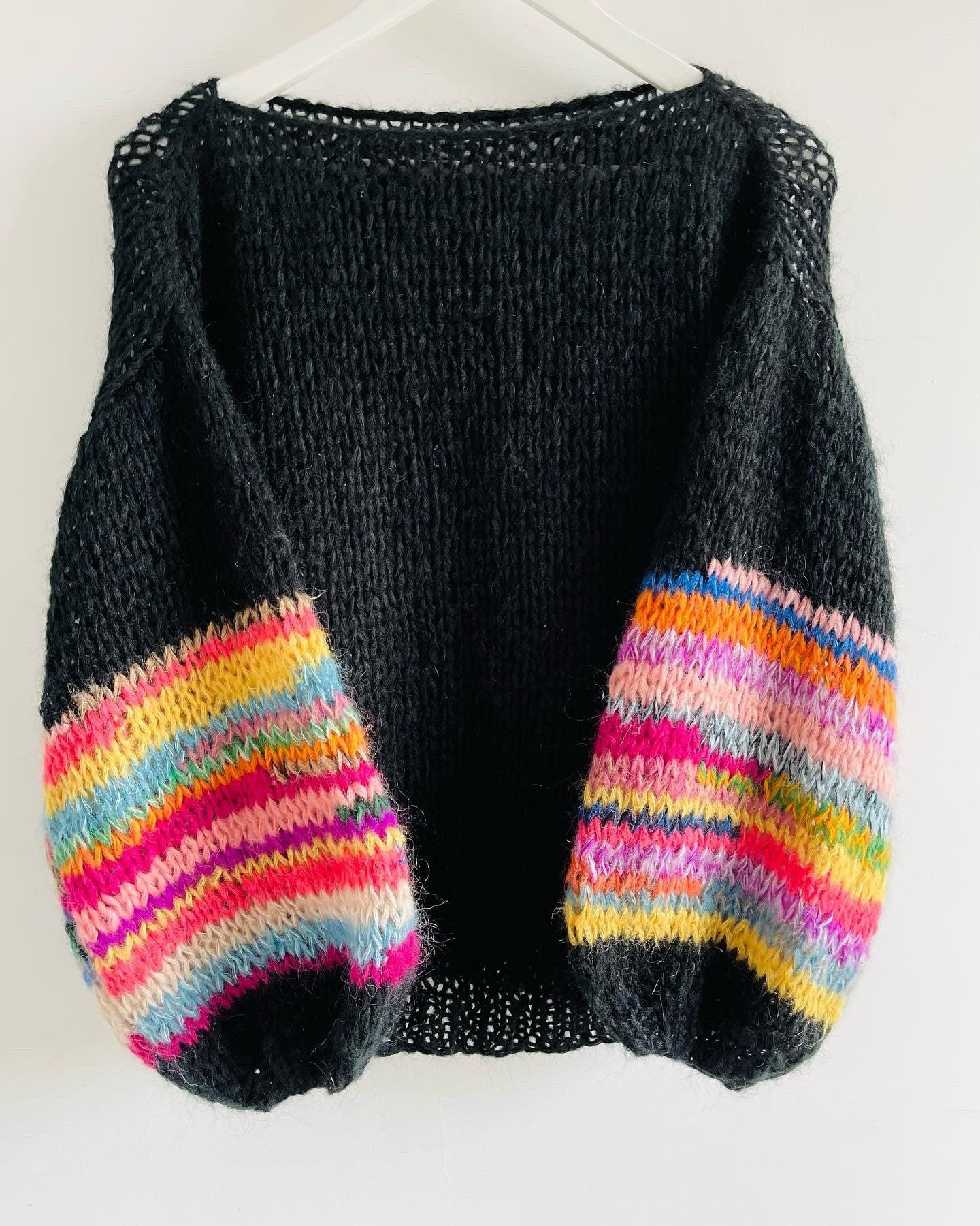 ALHAMBRA Black Cashmere Mohair Pullover with Colourful Balloon Sleeves, Multicolor Jumper, Mohair Knit Sweater, Rainbow Sleeves, Soft Mohair