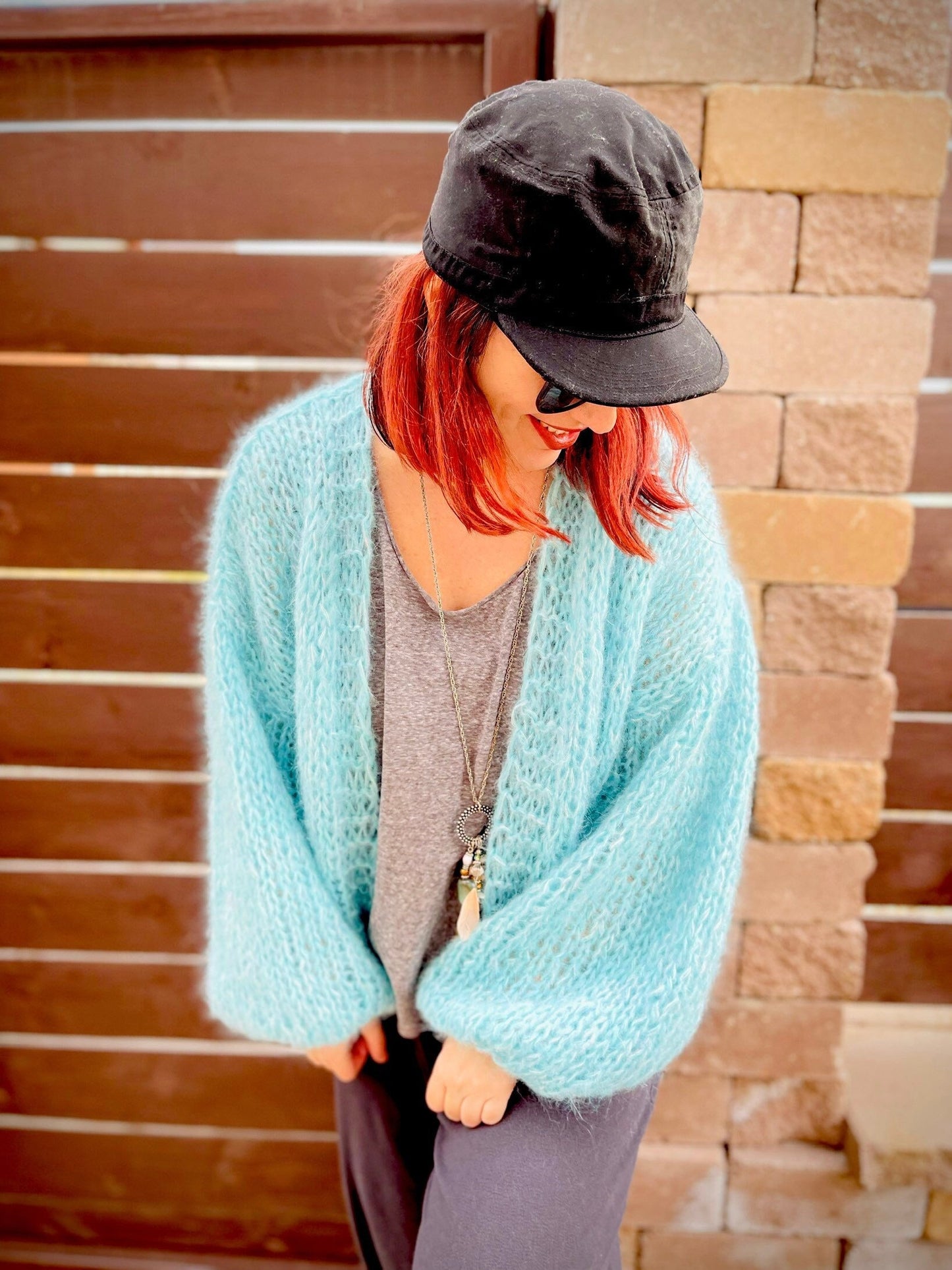 SARDINIA Alpaca Mohair Cardigan, Turquoise Mohair Bomber, Chunky Knit,Blue Loose Cardigan with Balloon Sleeves, Airy Cardigan, Light Sweater