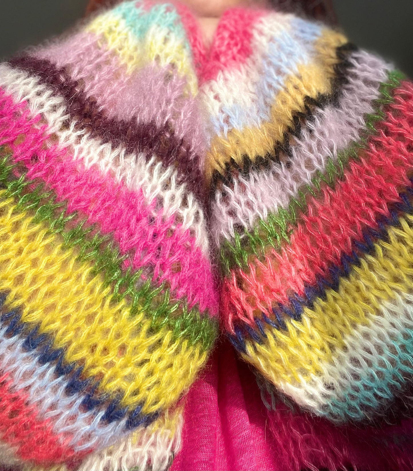 APRIL Silk Mohair Cardigan with Balloon Sleeves, Relaxed Fit, Hand Knit, Multicolor Jumper, Colourful Stripes, Striped Multicolor Cardigan