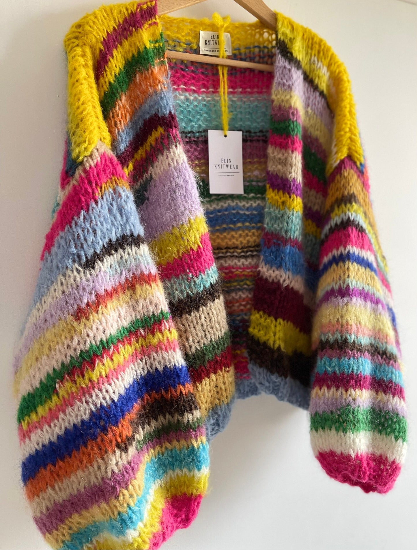 JOY Oversized Rainbow Cardigan, Hand Knit Jumper, Hand Knit Chunky Cardigan with Balloon Sleeves, Multicolor Sweater, Striped Cardigan