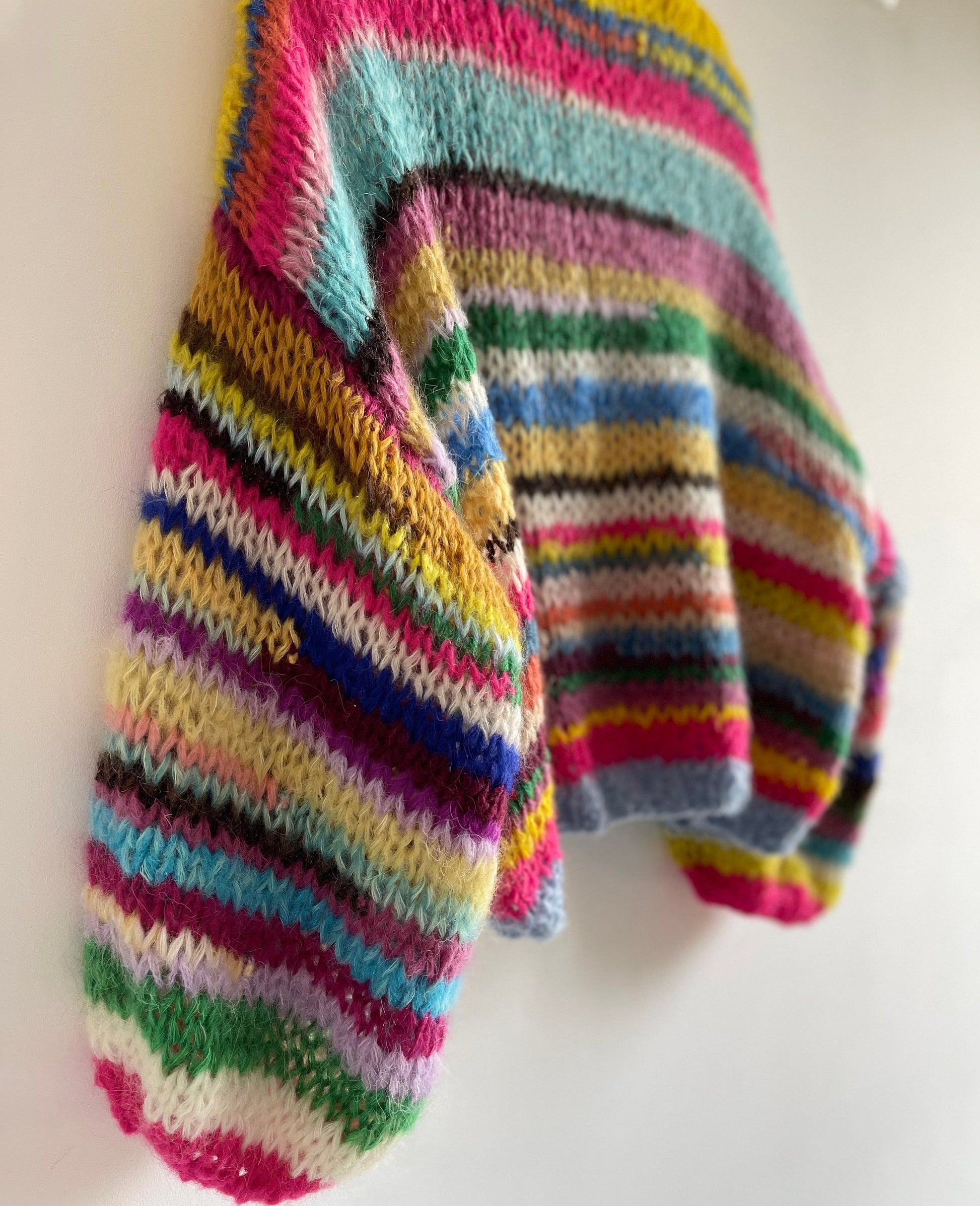 JOY Oversized Rainbow Cardigan, Hand Knit Jumper, Hand Knit Chunky Cardigan with Balloon Sleeves, Multicolor Sweater, Striped Cardigan