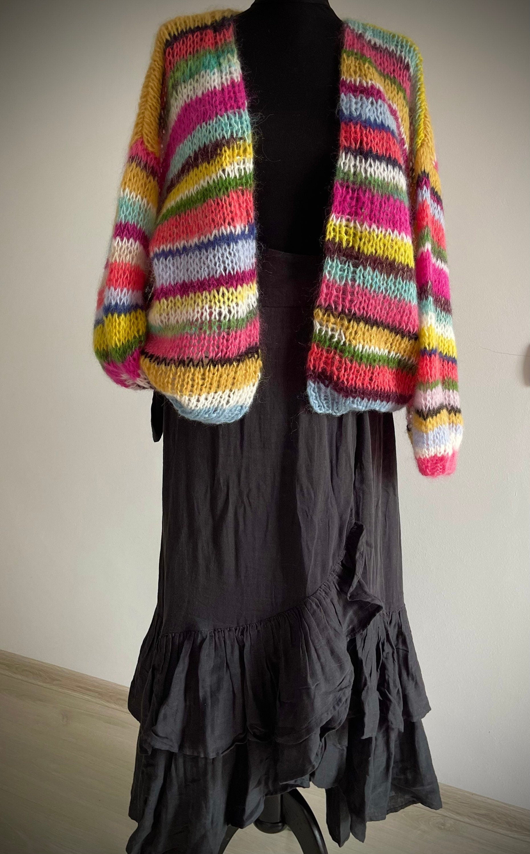 APRIL Silk Mohair Cardigan with Balloon Sleeves, Relaxed Fit, Hand Knit, Multicolor Jumper, Colourful Stripes, Striped Multicolor Cardigan