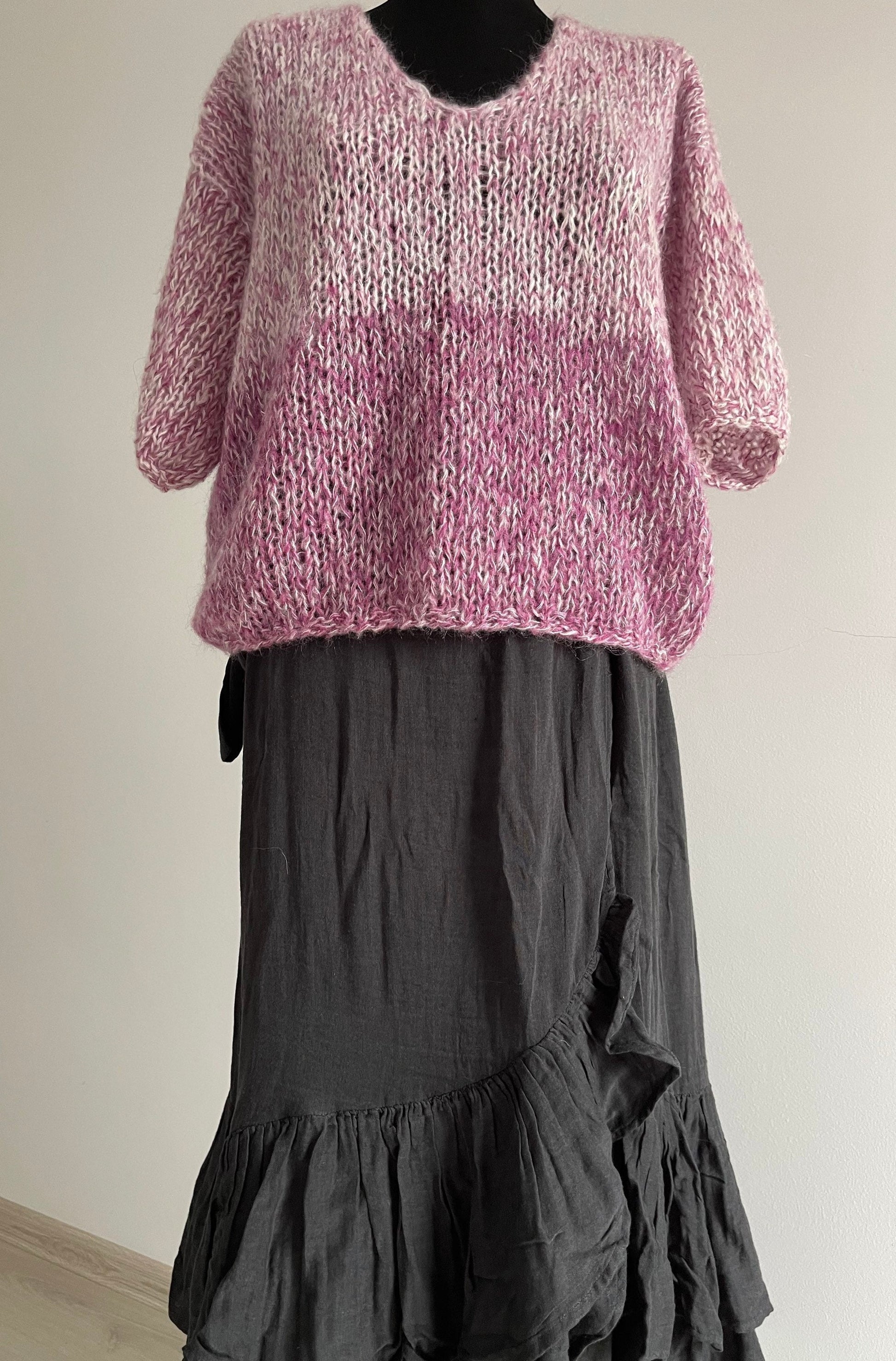 Short Sleeve Mohair Pullover | Spring Summer Sweater | Light Mohair Knit Blouse | Purple White Pullover | Mauve Knit Sweater | Airy Knit