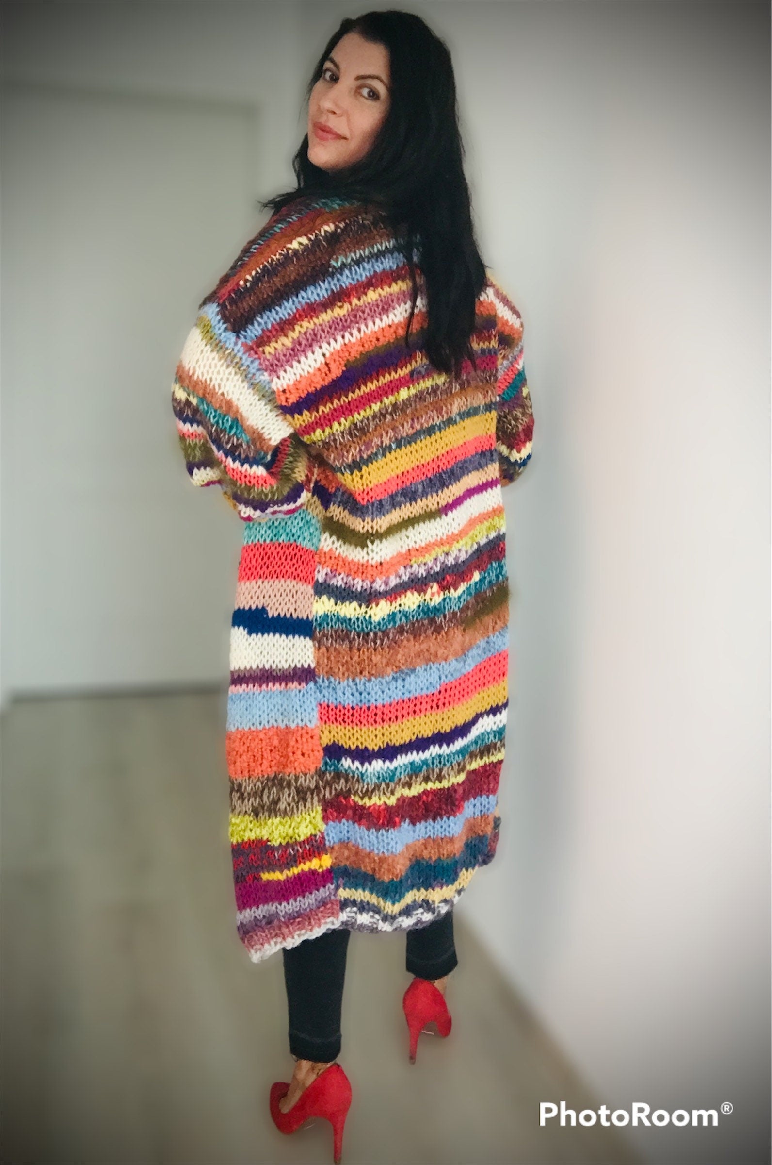 LISABONA Long Line Cardigan with Kimono Sleeves, Rainbow Cardigan, Coat Cardigan, Hippie Jumper, Long Chunky Sweater, Multicolor Sweater