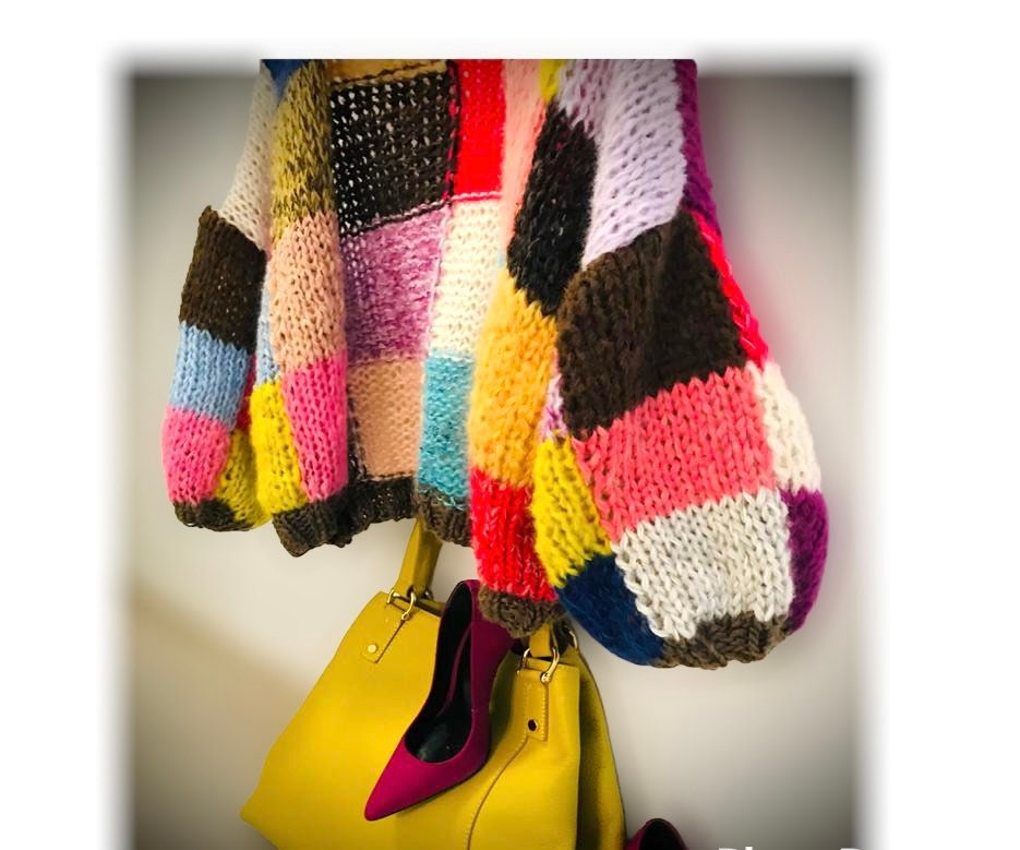 Patchwork Mohair Cardigan with Balloon Sleeves, Oversized Sweater, Hand Knit Jumper, Rainbow Cardigan, Square Multicolor Jumper, Color Check