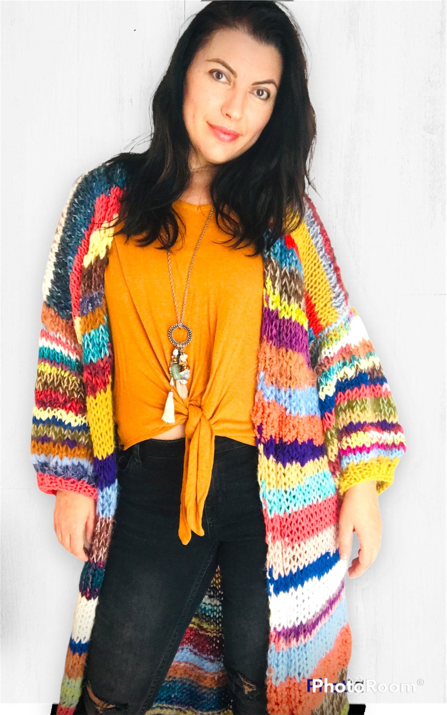 LISABONA Long Line Cardigan with Kimono Sleeves, Rainbow Cardigan, Coat Cardigan, Hippie Jumper, Long Chunky Sweater, Multicolor Sweater