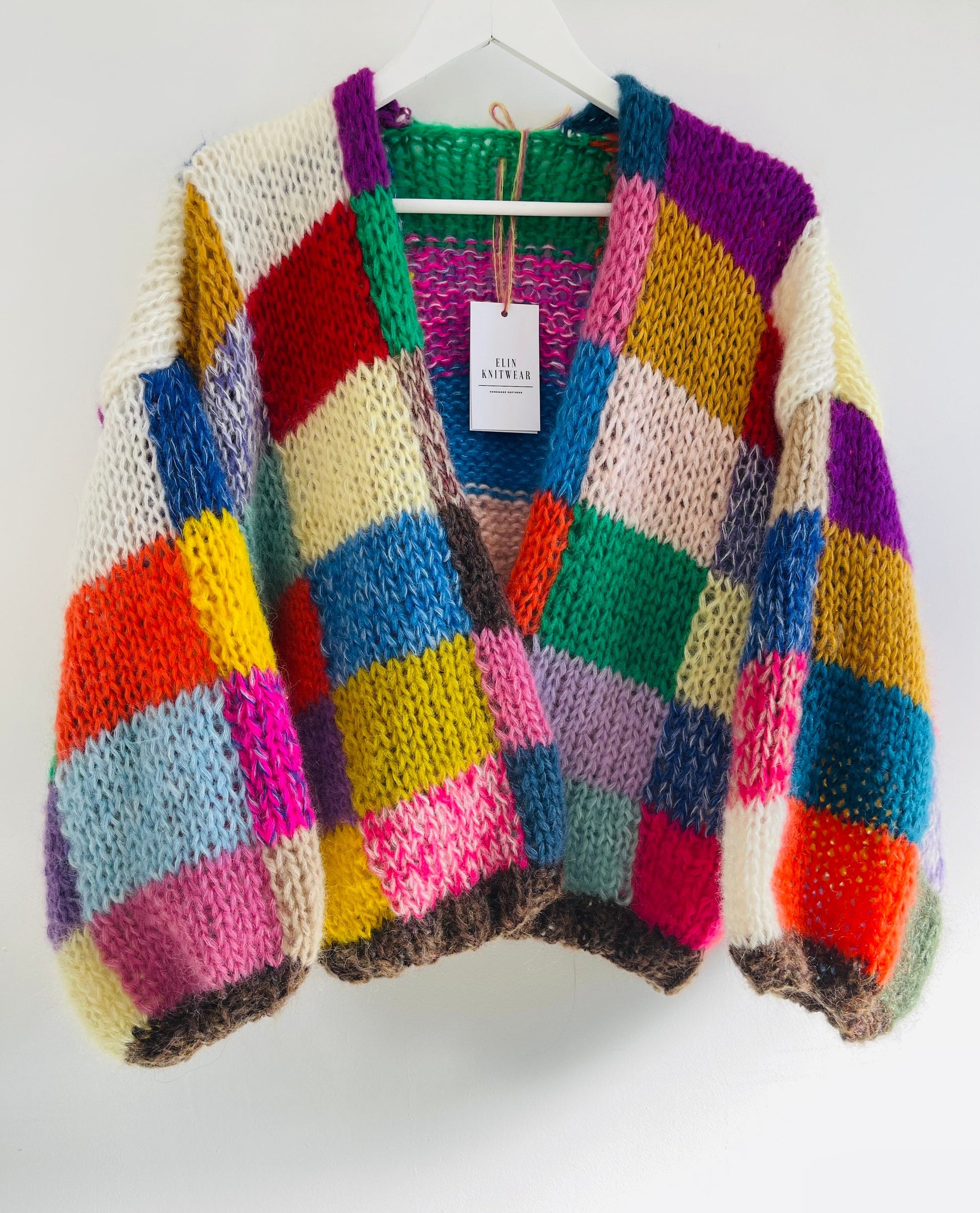 Patchwork Mohair Cardigan with Balloon Sleeves, Oversized Sweater, Hand Knit Jumper, Rainbow Cardigan, Square Multicolor Jumper, Color Check