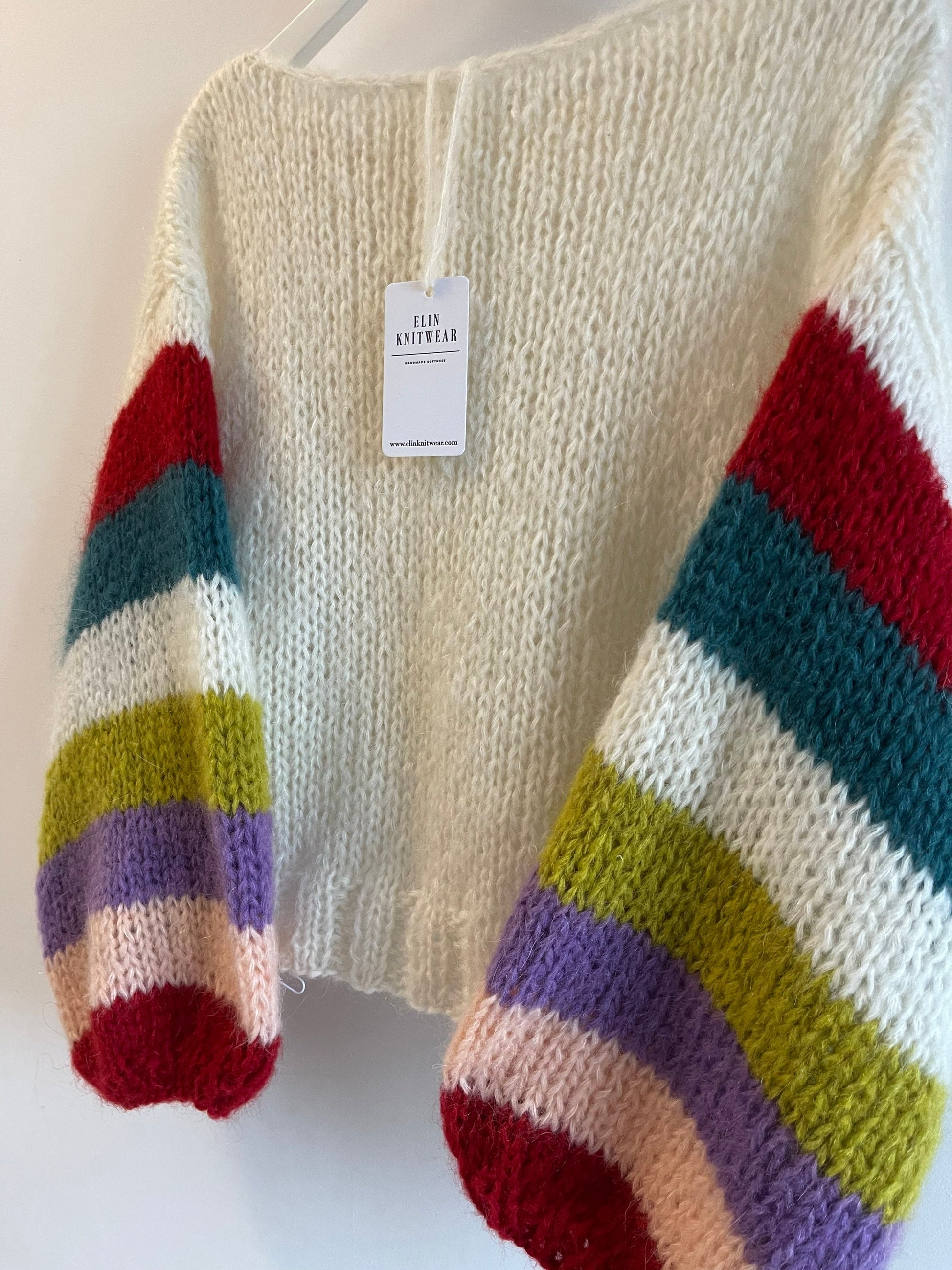 ELBA  White Mohair Pullover with Multicolor Striped Balloon Sleeves, Oversized Knit Sweater