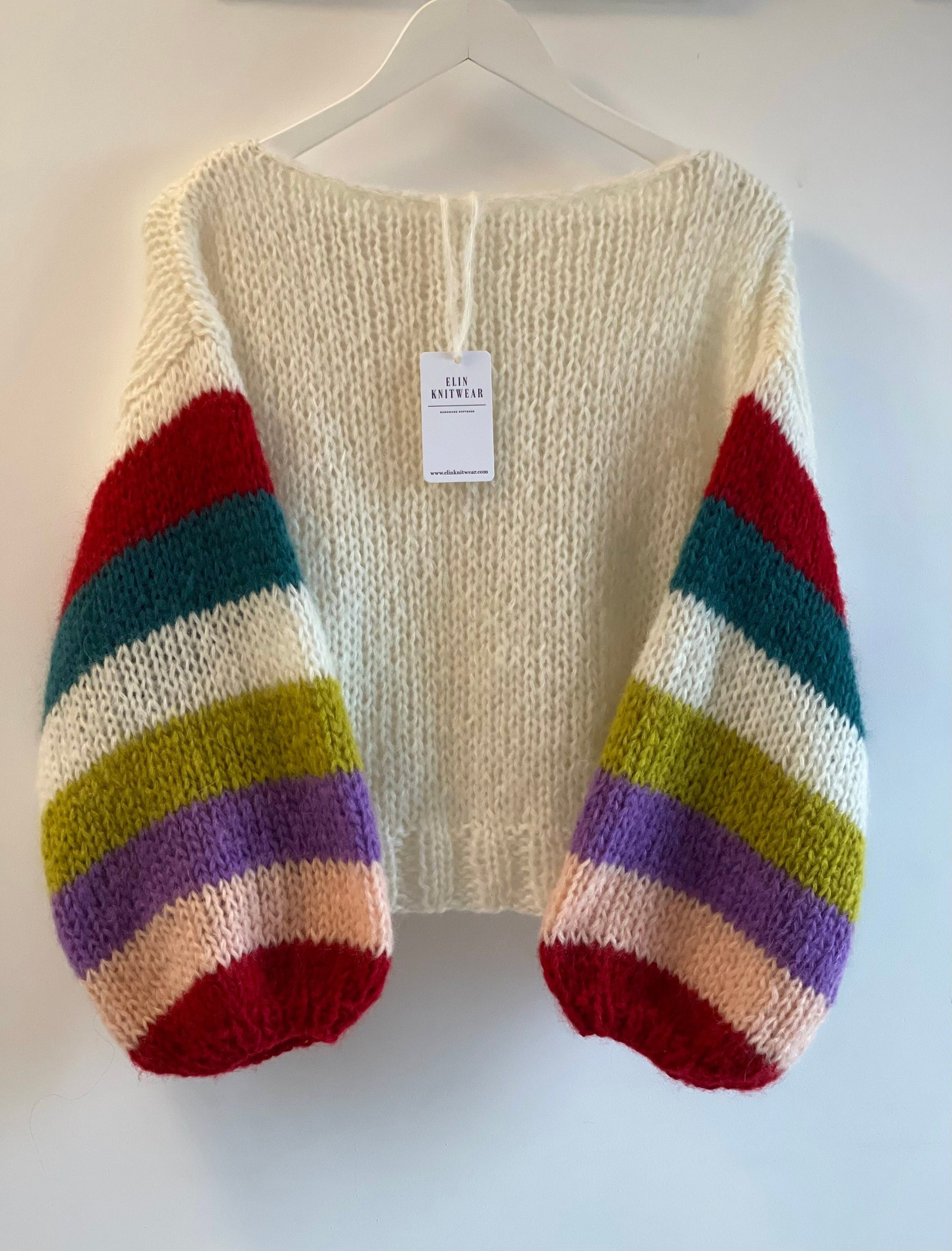 ELBA  White Mohair Pullover with Multicolor Striped Balloon Sleeves, Oversized Knit Sweater