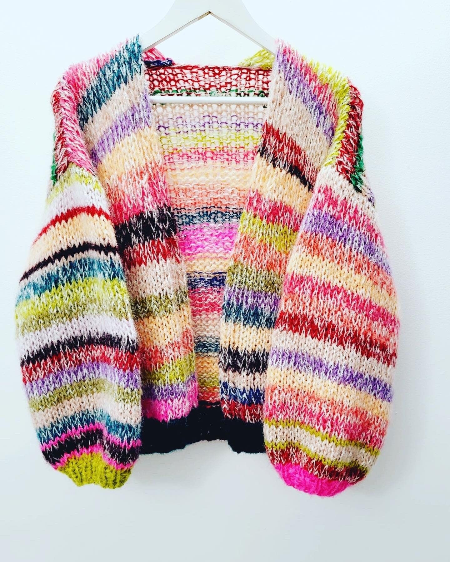 MAY Rainbow Cardigan, Knit Mohair Sweater with Balloon Sleeves, Ready to Ship, Multicolor Knit