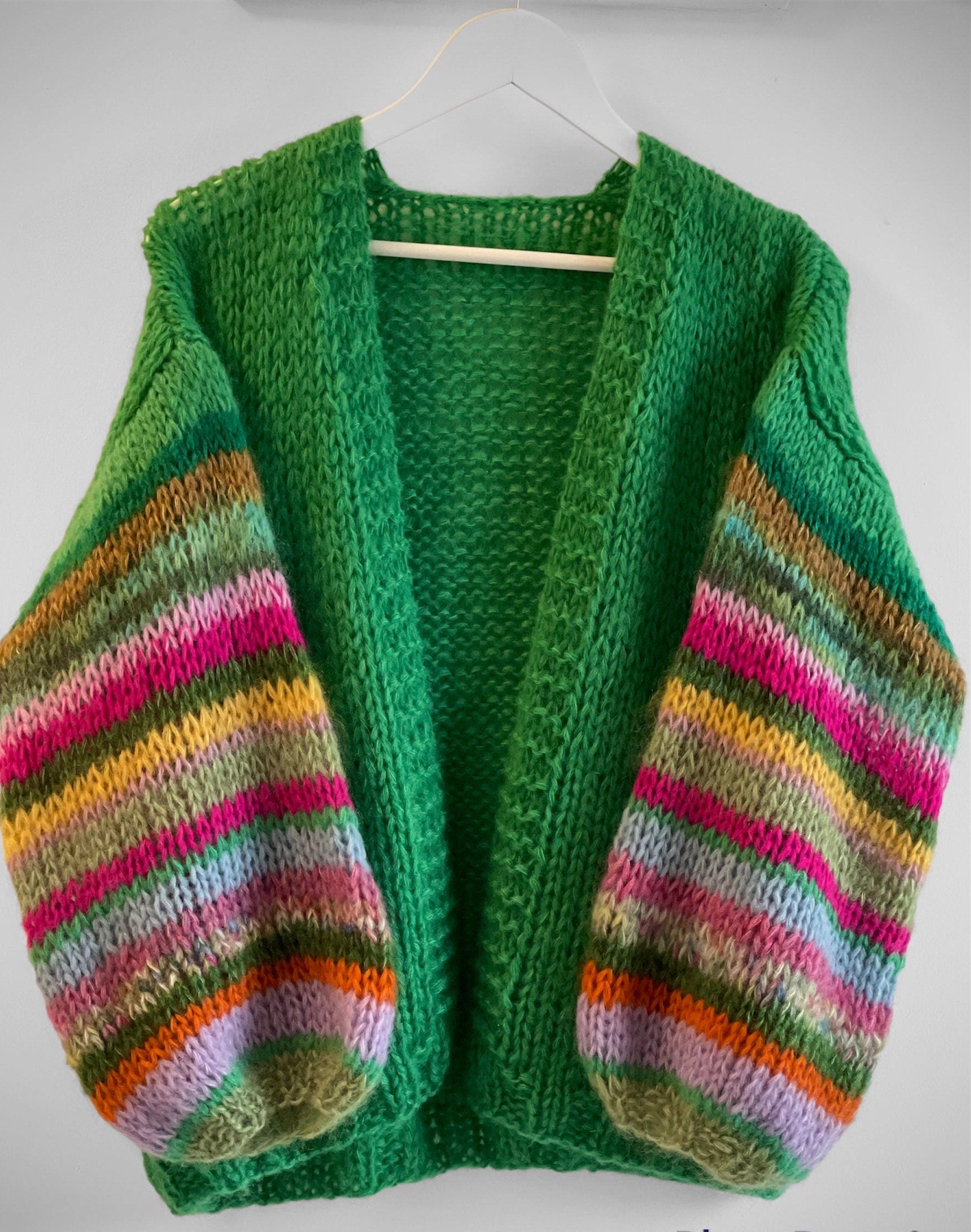 JADE Oversized Mohair Cardigan, Green Cardigan with Balloon Striped Sleeves, Hand Knit