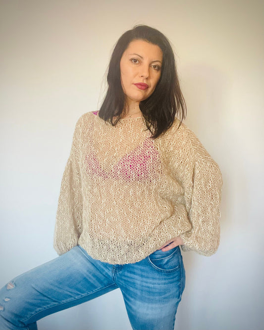 MATIRA Beige Knit Sweater, Alpaca Cotton Jumper, Nude Sweater, Light Sweater, Balloon Sleeves, Hand Knit, Ready to Ship, Natural Fibers