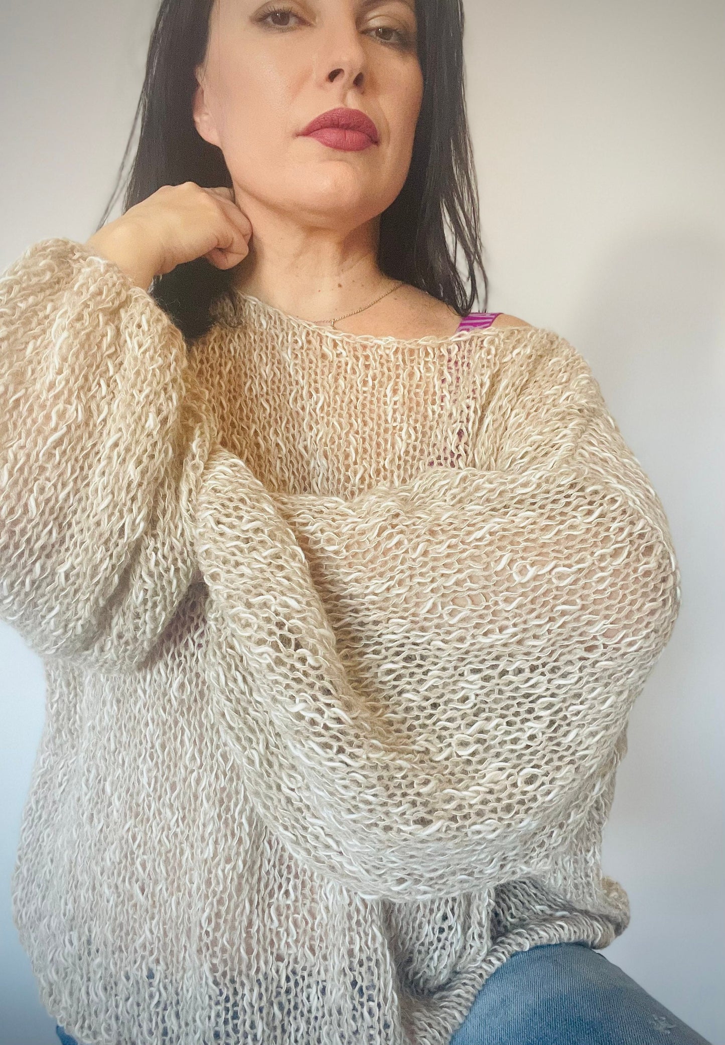 MATIRA Beige Knit Sweater, Alpaca Cotton Jumper, Nude Sweater, Light Sweater, Balloon Sleeves, Hand Knit, Ready to Ship, Natural Fibers