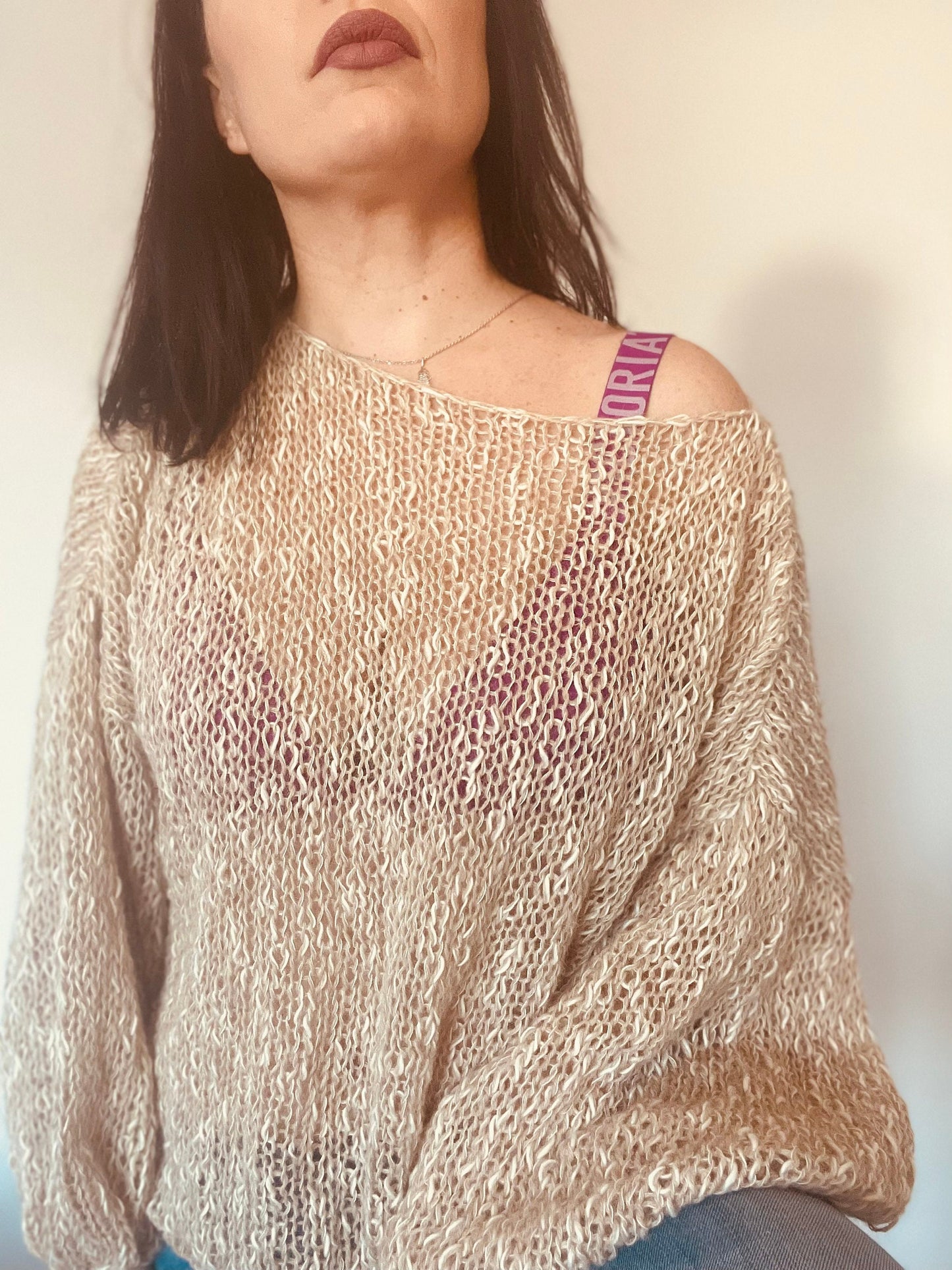 MATIRA Beige Knit Sweater, Alpaca Cotton Jumper, Nude Sweater, Light Sweater, Balloon Sleeves, Hand Knit, Ready to Ship, Natural Fibers