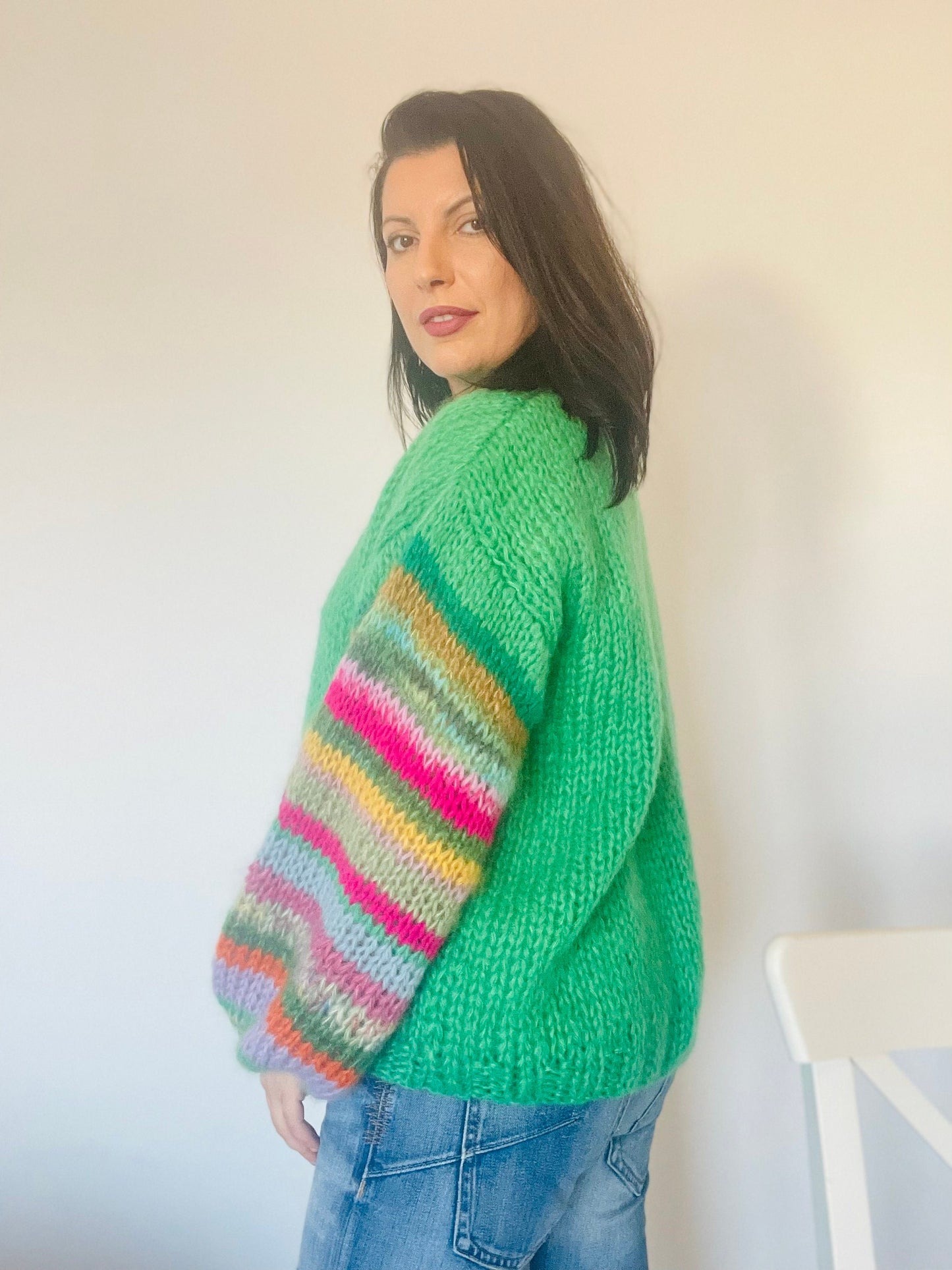 JADE Oversized Mohair Cardigan, Green Cardigan with Balloon Striped Sleeves, Hand Knit