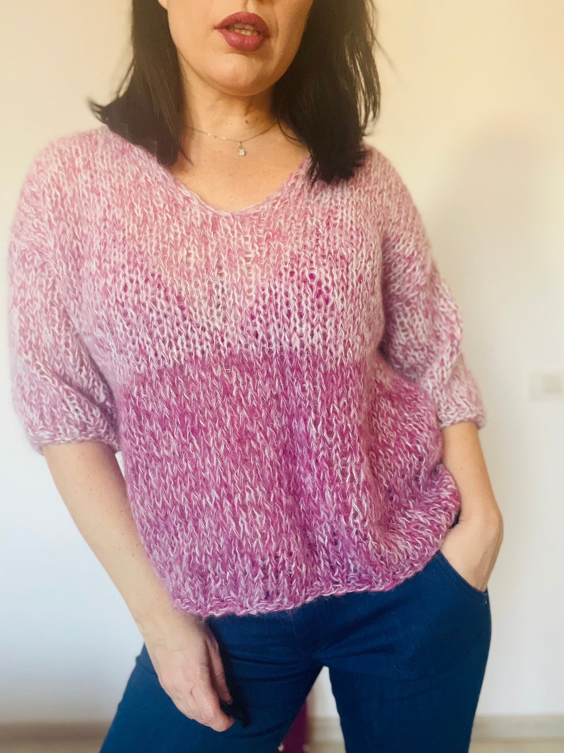Short Sleeve Mohair Pullover | Spring Summer Sweater | Light Mohair Knit Blouse | Purple White Pullover | Mauve Knit Sweater | Airy Knit