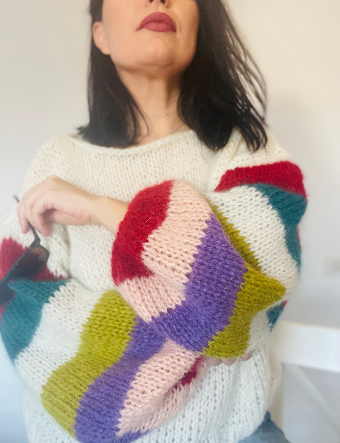 ELBA  White Mohair Pullover with Multicolor Striped Balloon Sleeves, Oversized Knit Sweater