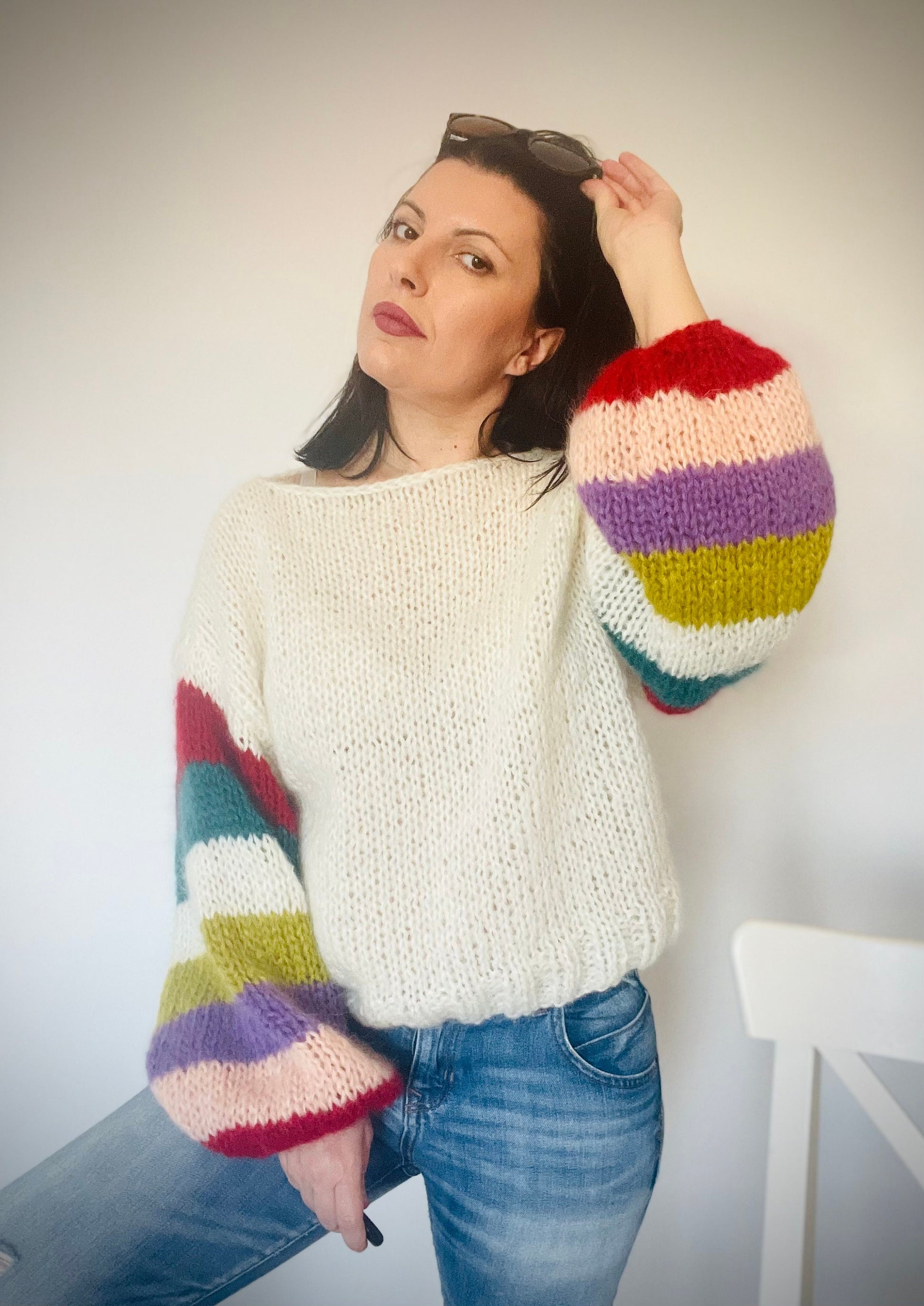 ELBA  White Mohair Pullover with Multicolor Striped Balloon Sleeves, Oversized Knit Sweater