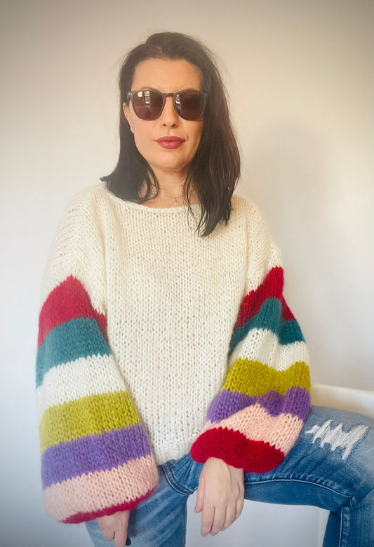 ELBA  White Mohair Pullover with Multicolor Striped Balloon Sleeves, Oversized Knit Sweater