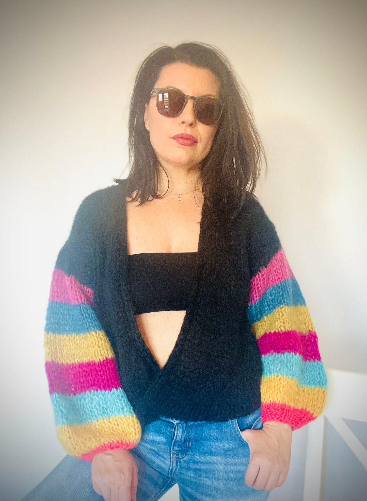 LIRA Black Cashmere Mohair Cardigan with Multicolor Striped Balloon Sleeves, Chunky Knit Jumper, Soft Black Cardigan, Knit Mohair Cardigan