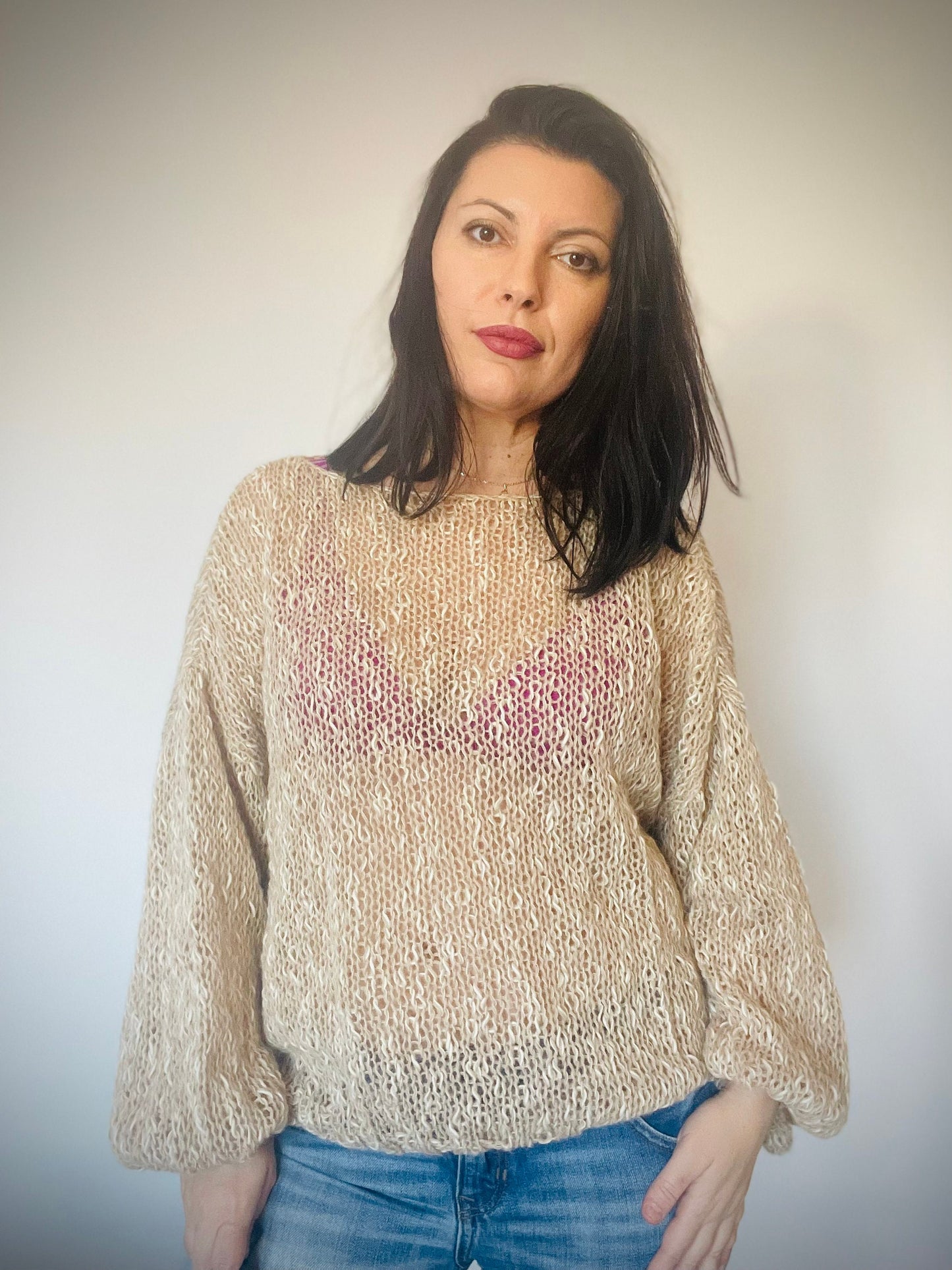 MATIRA Beige Knit Sweater, Alpaca Cotton Jumper, Nude Sweater, Light Sweater, Balloon Sleeves, Hand Knit, Ready to Ship, Natural Fibers