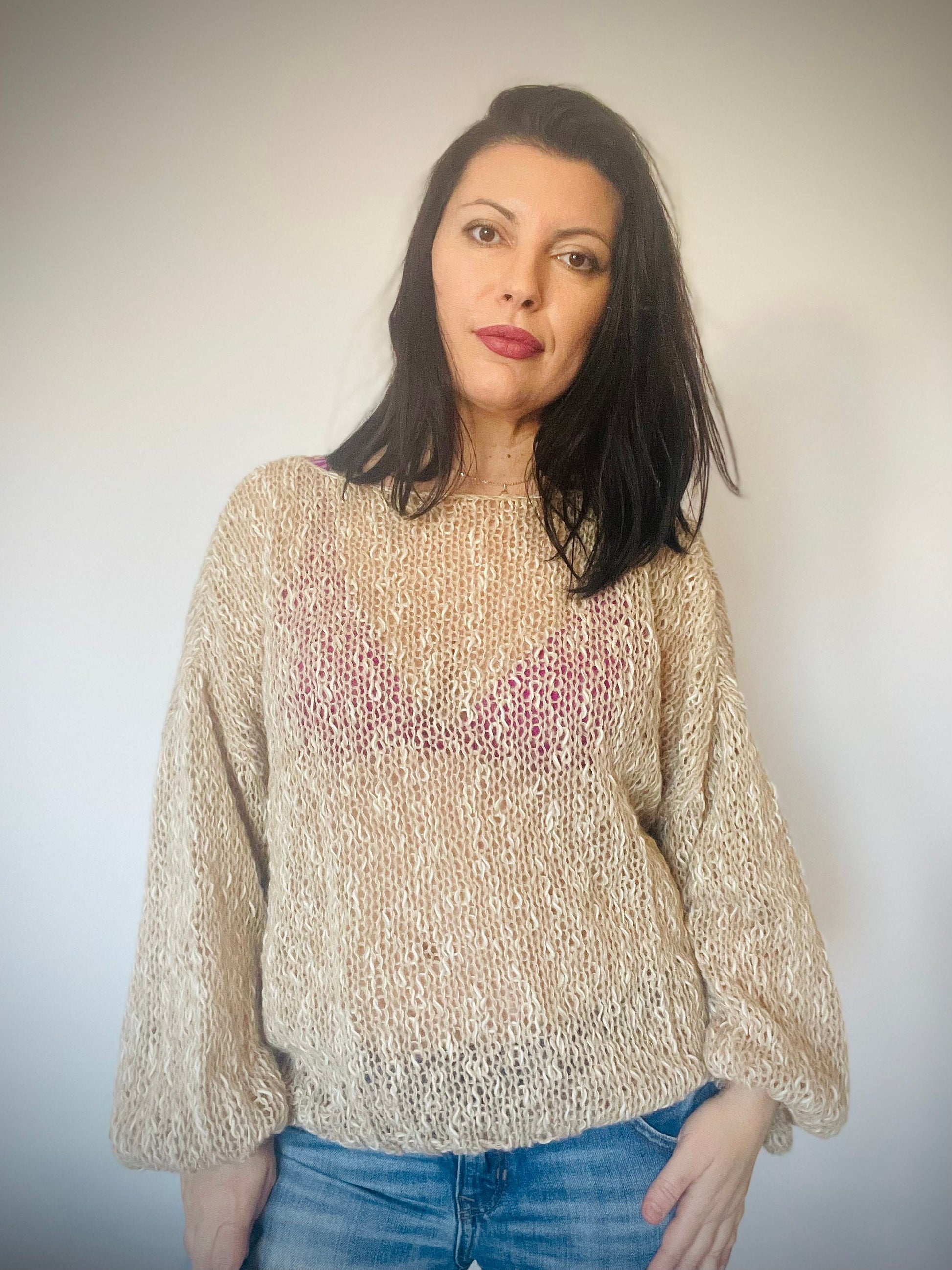 MATIRA Beige Knit Sweater, Alpaca Cotton Jumper, Nude Sweater, Light Sweater, Balloon Sleeves, Hand Knit, Ready to Ship, Natural Fibers