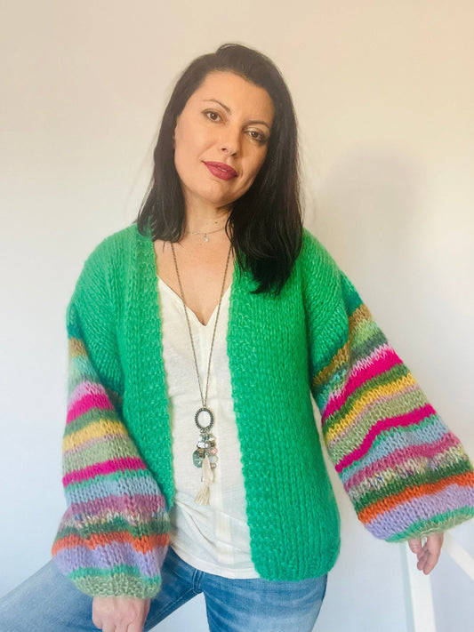 JADE Oversized Mohair Cardigan, Green Cardigan with Balloon Striped Sleeves, Hand Knit