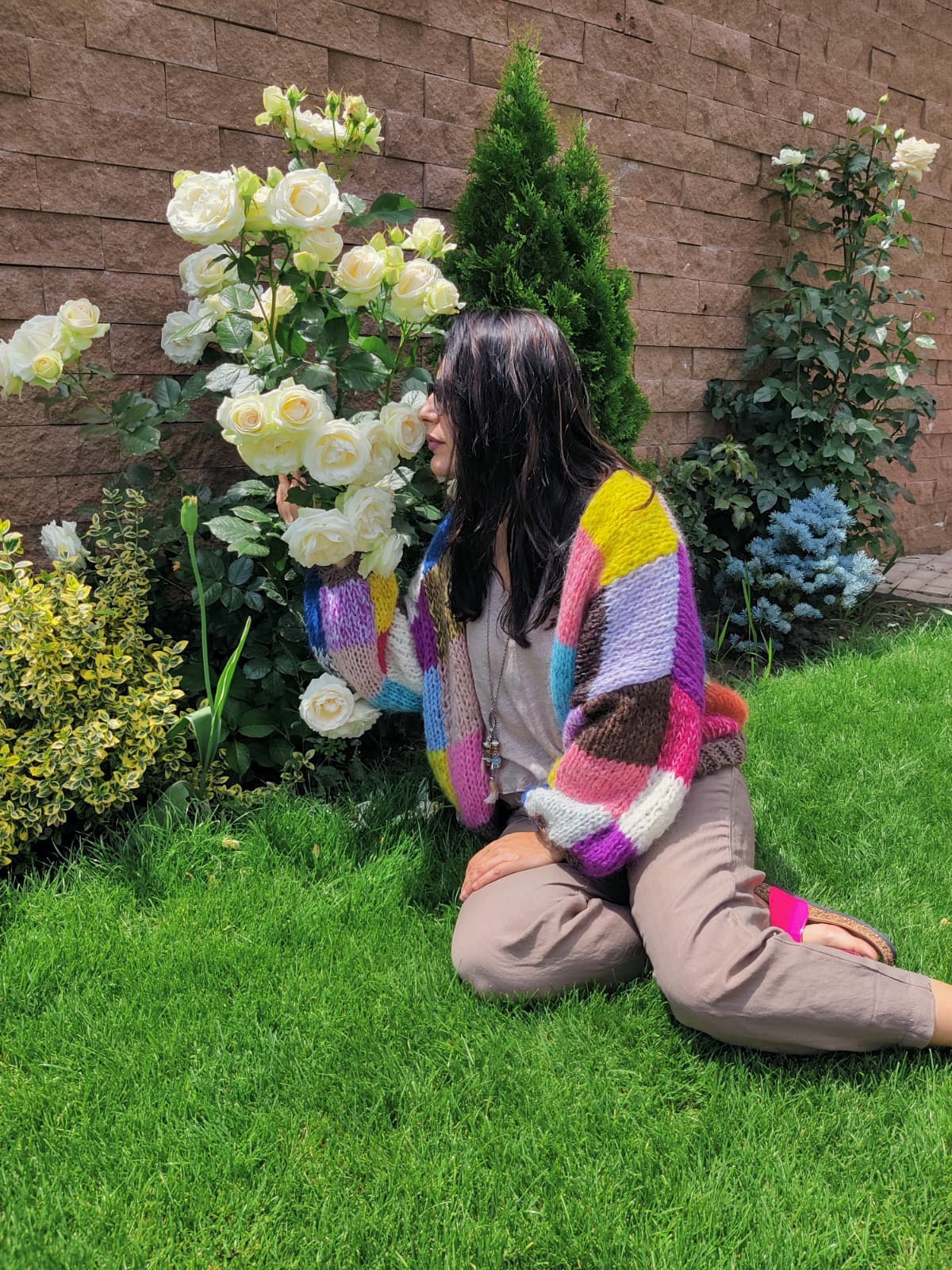 Patchwork Mohair Cardigan with Balloon Sleeves, Oversized Sweater, Hand Knit Jumper, Rainbow Cardigan, Square Multicolor Jumper, Color Check