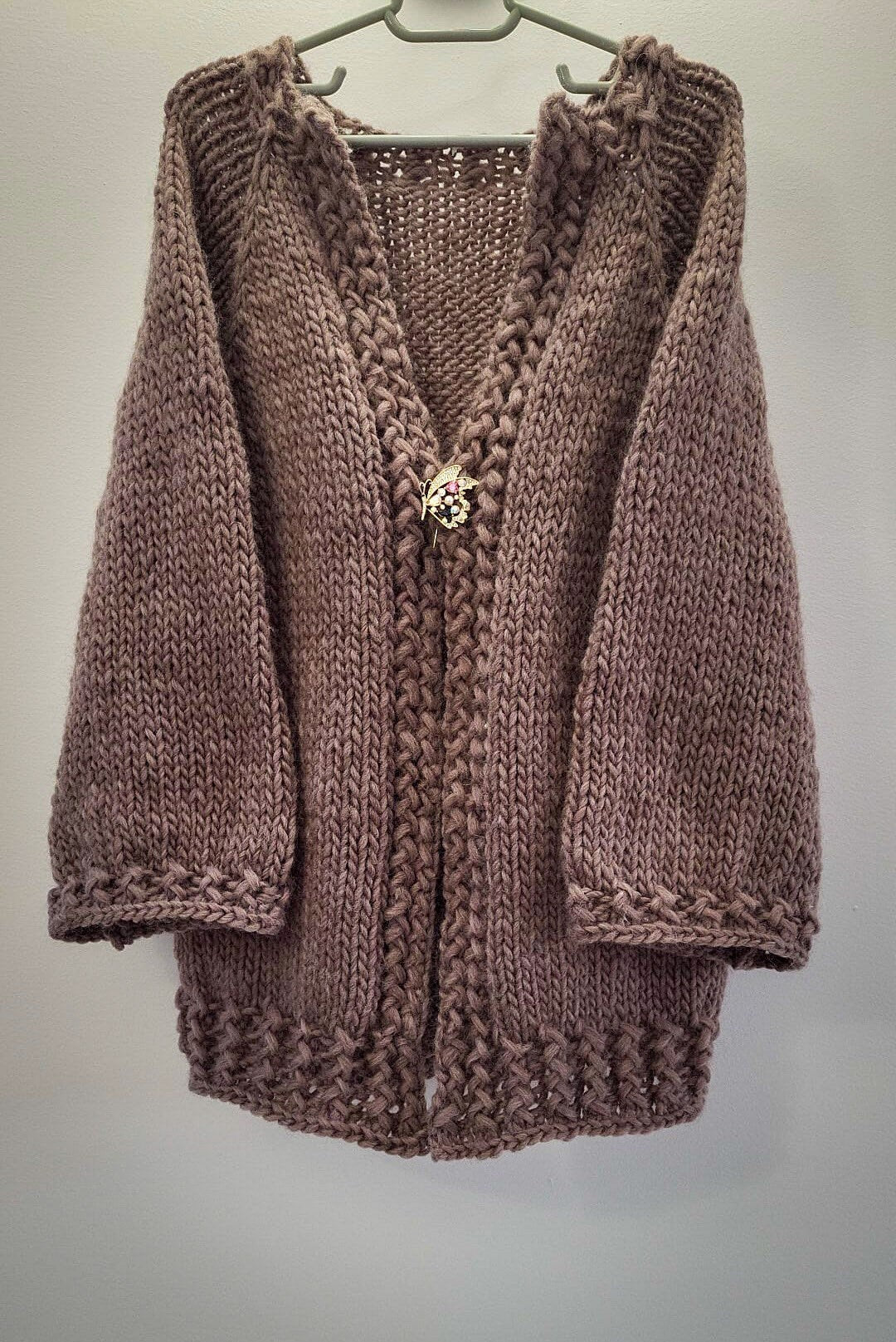 AVANI Chunky Wool Cardigan, Brown Wool Jacket, Taupe Knit Cardigan with Braided Edge, Wool Outwear, Midi Chunky Cardigan